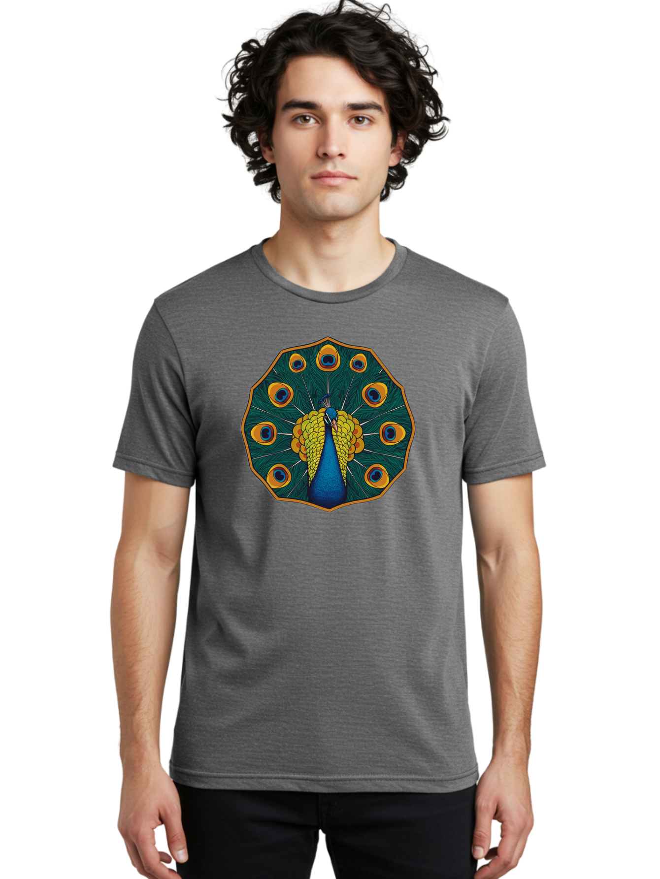 Peacock-Feather-6 Men'S Graphic Tee, 100% Cotton, Comfortable Casual Summer Wear, Machine Washable, Peacock Feather, Blue And Yellow Plumage, Vibrant Colors, Eye-Catching Pattern, Circular Design, Nature-Inspired Art, Bird Motif, Bab114