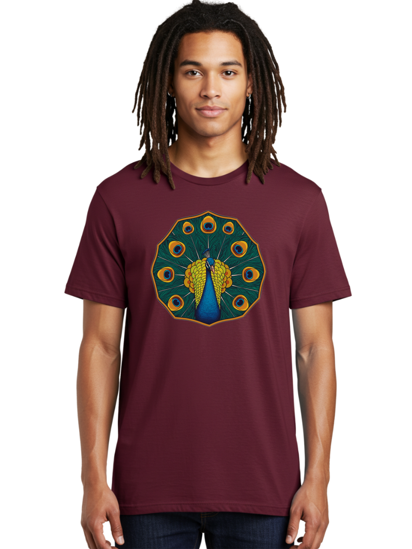 Peacock-Feather-6 Men'S Graphic Tee, 100% Cotton, Comfortable Casual Summer Wear, Machine Washable, Peacock Feather, Blue And Yellow Plumage, Vibrant Colors, Eye-Catching Pattern, Circular Design, Nature-Inspired Art, Bird Motif, Bab114