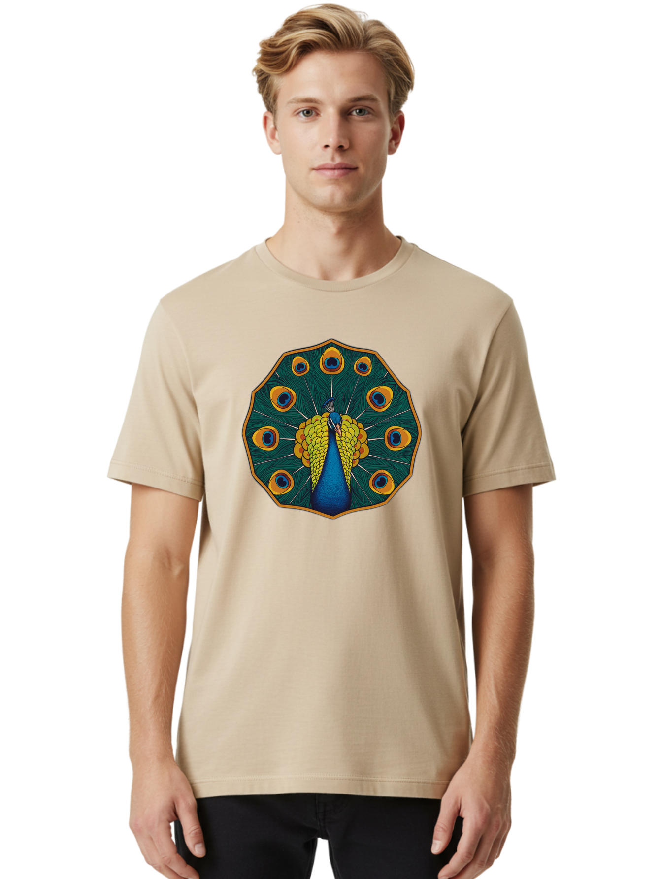 Peacock-Feather-6 Men'S Graphic Tee, 100% Cotton, Comfortable Casual Summer Wear, Machine Washable, Peacock Feather, Blue And Yellow Plumage, Vibrant Colors, Eye-Catching Pattern, Circular Design, Nature-Inspired Art, Bird Motif, Bab114