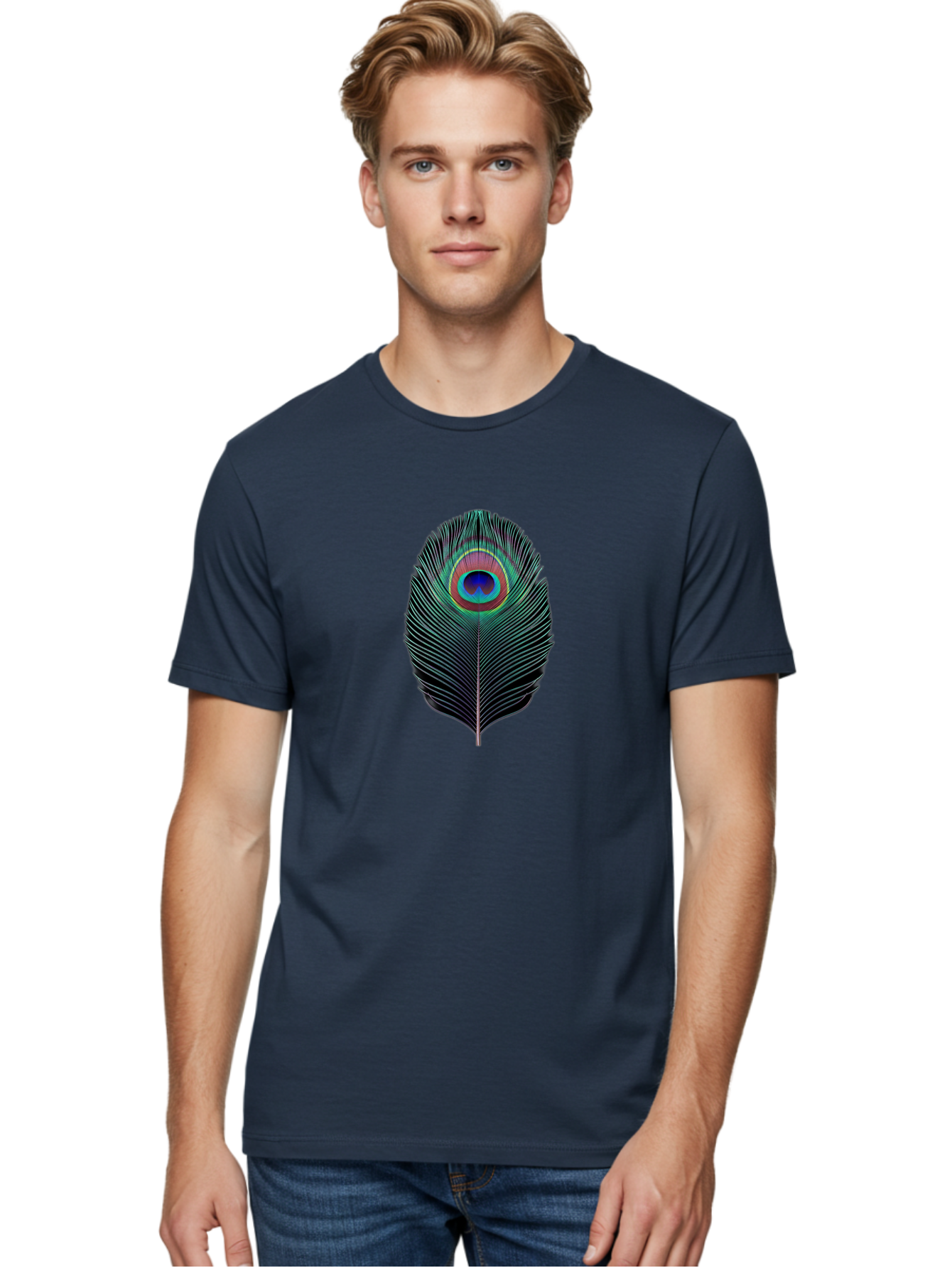 Peacock-Feather-7 Men'S Graphic Tee, 100% Cotton, Comfortable Casual Summer Wear, Machine Washable, Peacock Feather, Vibrant Colors, Blue, Red, And Turquoise Eye, Black And White Stripes, Majestic Plumage, Exotic Bird, Colorful Pattern, Bab115