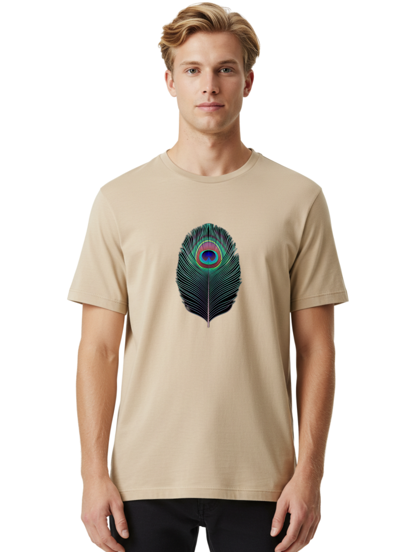 Peacock-Feather-7 Men'S Graphic Tee, 100% Cotton, Comfortable Casual Summer Wear, Machine Washable, Peacock Feather, Vibrant Colors, Blue, Red, And Turquoise Eye, Black And White Stripes, Majestic Plumage, Exotic Bird, Colorful Pattern, Bab115