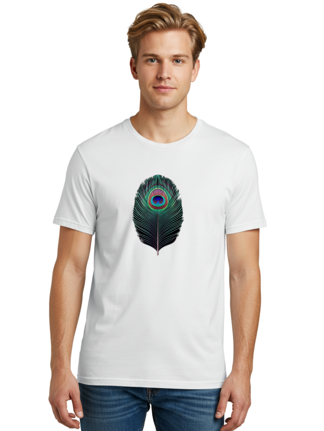 Peacock-Feather-7 Men'S Graphic Tee, 100% Cotton, Comfortable Casual Summer Wear, Machine Washable, Peacock Feather, Vibrant Colors, Blue, Red, And Turquoise Eye, Black And White Stripes, Majestic Plumage, Exotic Bird, Colorful Pattern, Bab115