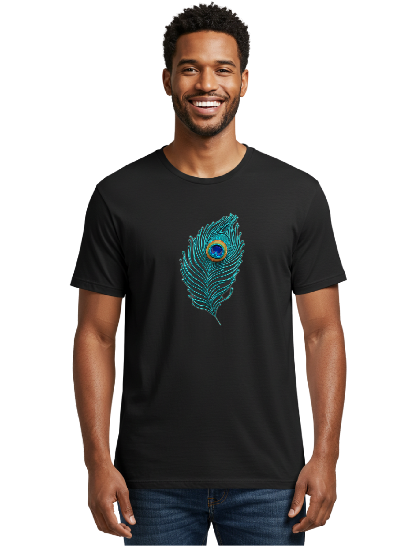 Peacock-Feather-8 Men'S Graphic Tee, 100% Cotton, Comfortable Casual Summer Wear, Machine Washable, Peacock Feather, Vibrant Colors, Teal, Blue, Orange, Elegant Design, Intricate Patterns, Luxurious Feel, Eye-Catching Detail, Stunning Visuals, Bab116
