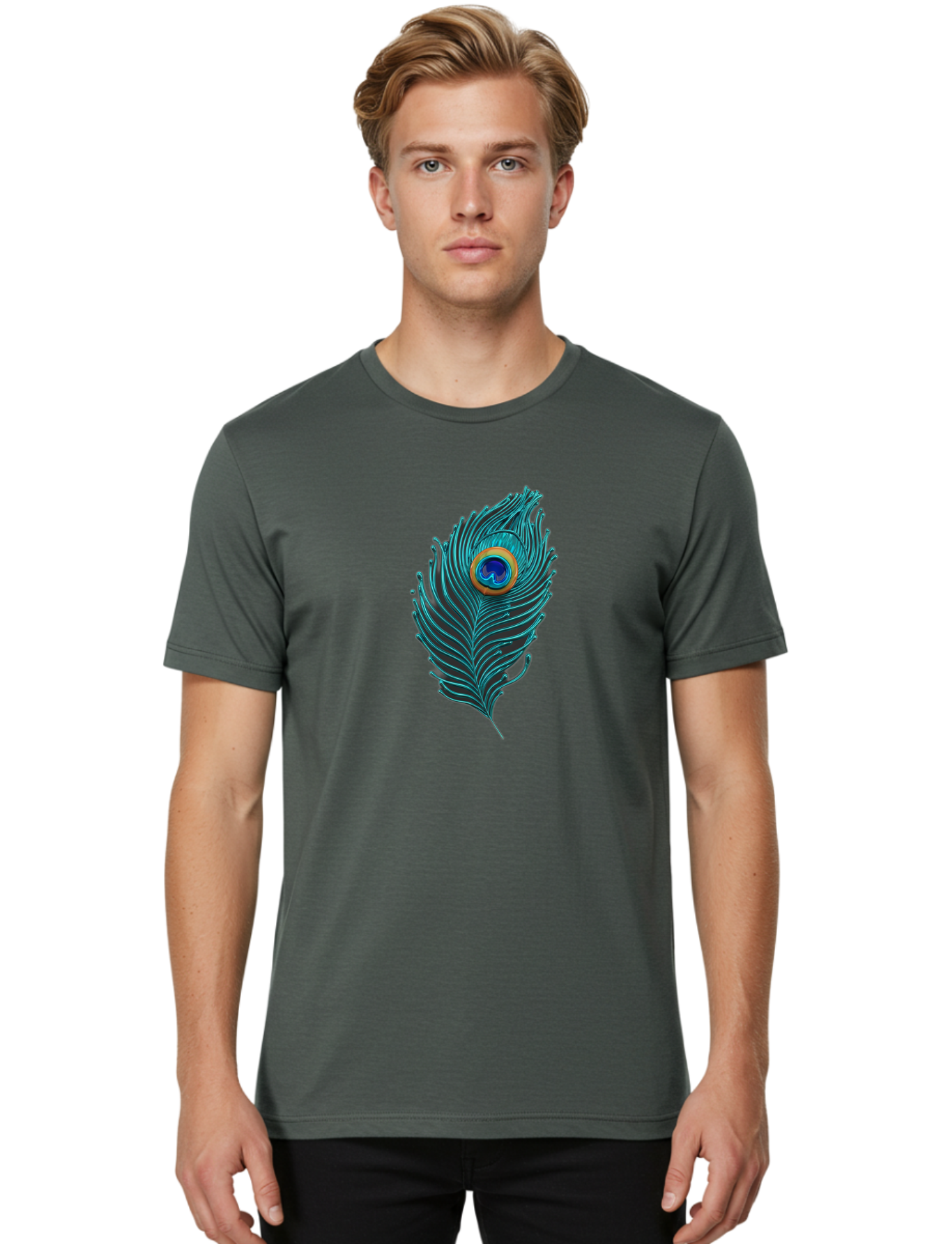 Peacock-Feather-8 Men'S Graphic Tee, 100% Cotton, Comfortable Casual Summer Wear, Machine Washable, Peacock Feather, Vibrant Colors, Teal, Blue, Orange, Elegant Design, Intricate Patterns, Luxurious Feel, Eye-Catching Detail, Stunning Visuals, Bab116