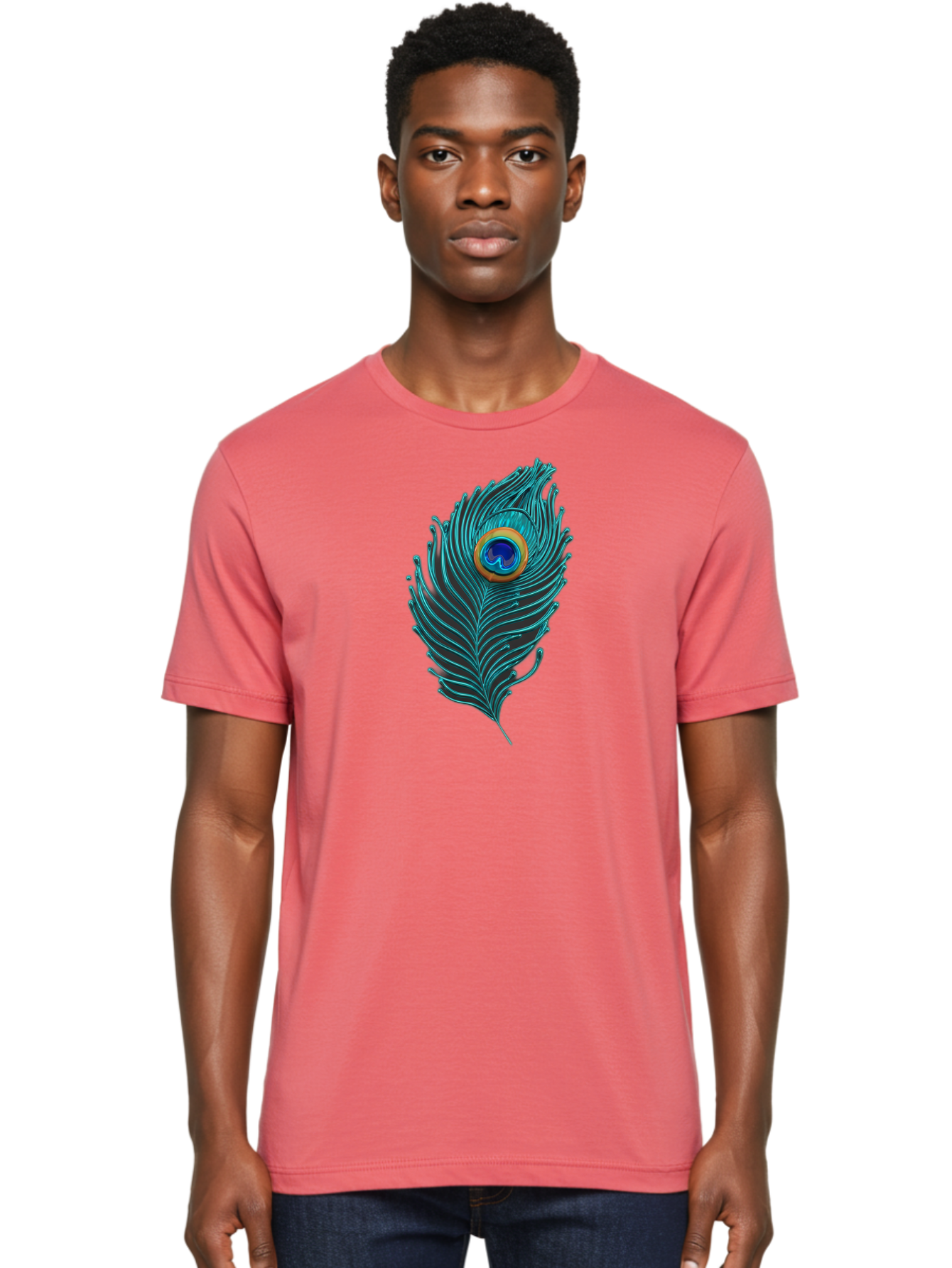 Peacock-Feather-8 Men'S Graphic Tee, 100% Cotton, Comfortable Casual Summer Wear, Machine Washable, Peacock Feather, Vibrant Colors, Teal, Blue, Orange, Elegant Design, Intricate Patterns, Luxurious Feel, Eye-Catching Detail, Stunning Visuals, Bab116