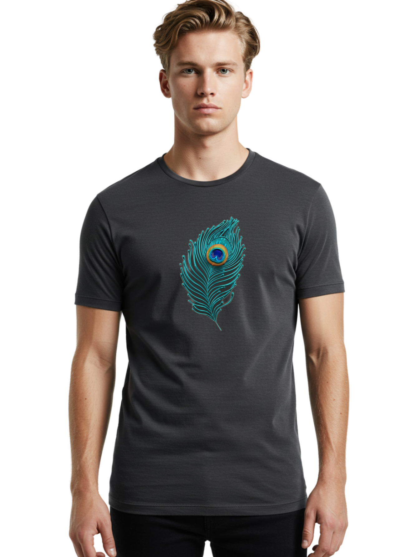 Peacock-Feather-8 Men'S Graphic Tee, 100% Cotton, Comfortable Casual Summer Wear, Machine Washable, Peacock Feather, Vibrant Colors, Teal, Blue, Orange, Elegant Design, Intricate Patterns, Luxurious Feel, Eye-Catching Detail, Stunning Visuals, Bab116