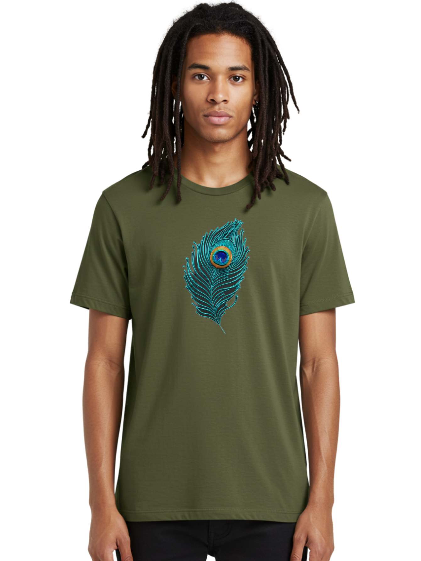 Peacock-Feather-8 Men'S Graphic Tee, 100% Cotton, Comfortable Casual Summer Wear, Machine Washable, Peacock Feather, Vibrant Colors, Teal, Blue, Orange, Elegant Design, Intricate Patterns, Luxurious Feel, Eye-Catching Detail, Stunning Visuals, Bab116