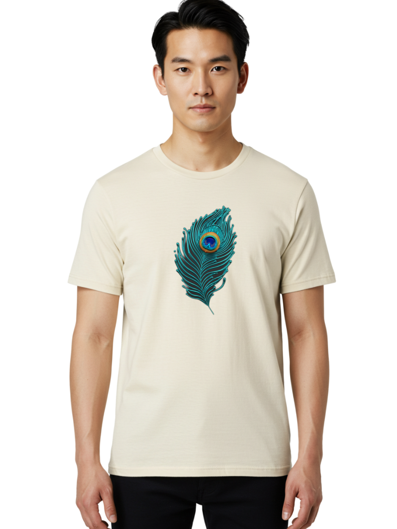 Peacock-Feather-8 Men'S Graphic Tee, 100% Cotton, Comfortable Casual Summer Wear, Machine Washable, Peacock Feather, Vibrant Colors, Teal, Blue, Orange, Elegant Design, Intricate Patterns, Luxurious Feel, Eye-Catching Detail, Stunning Visuals, Bab116