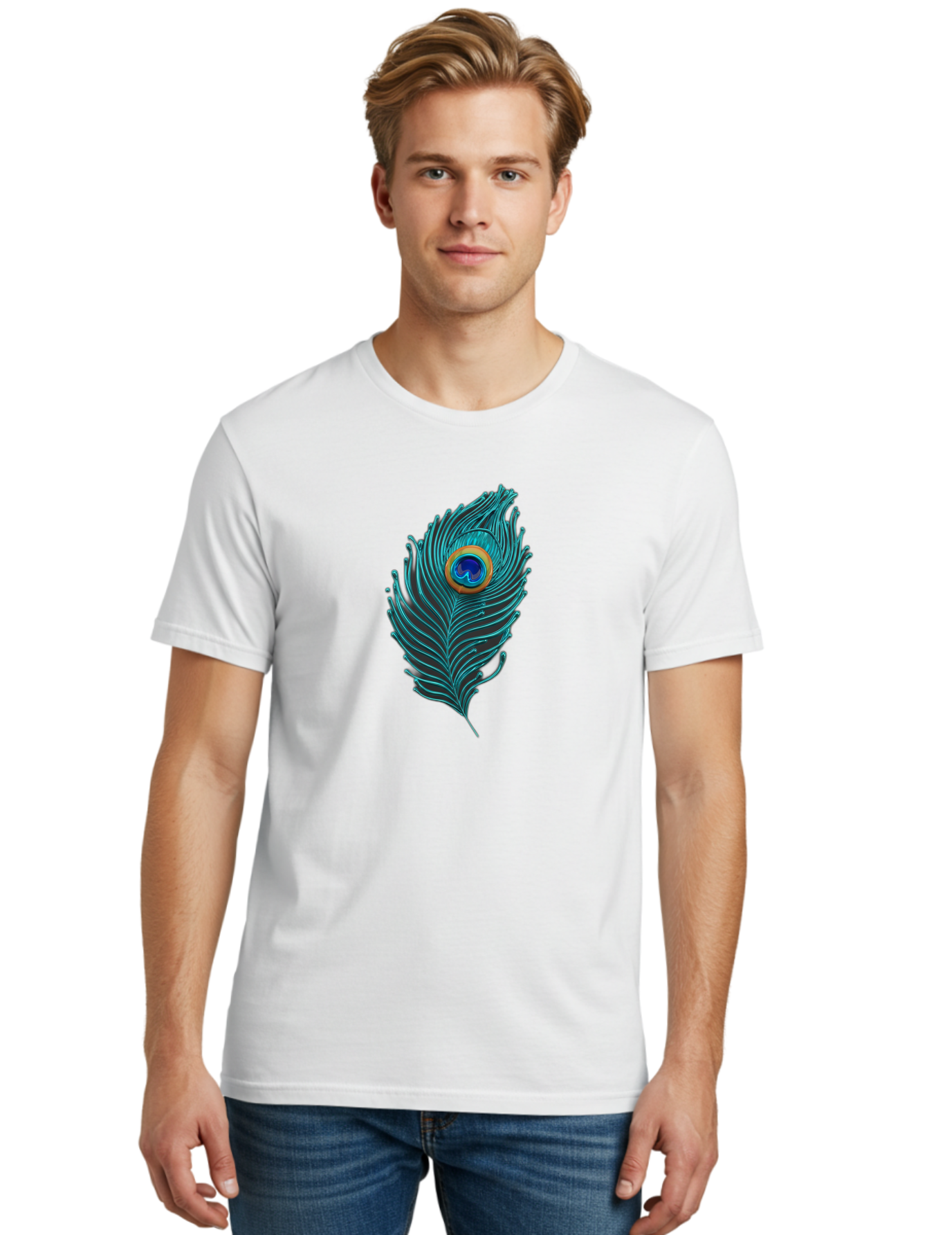 Peacock-Feather-8 Men'S Graphic Tee, 100% Cotton, Comfortable Casual Summer Wear, Machine Washable, Peacock Feather, Vibrant Colors, Teal, Blue, Orange, Elegant Design, Intricate Patterns, Luxurious Feel, Eye-Catching Detail, Stunning Visuals, Bab116