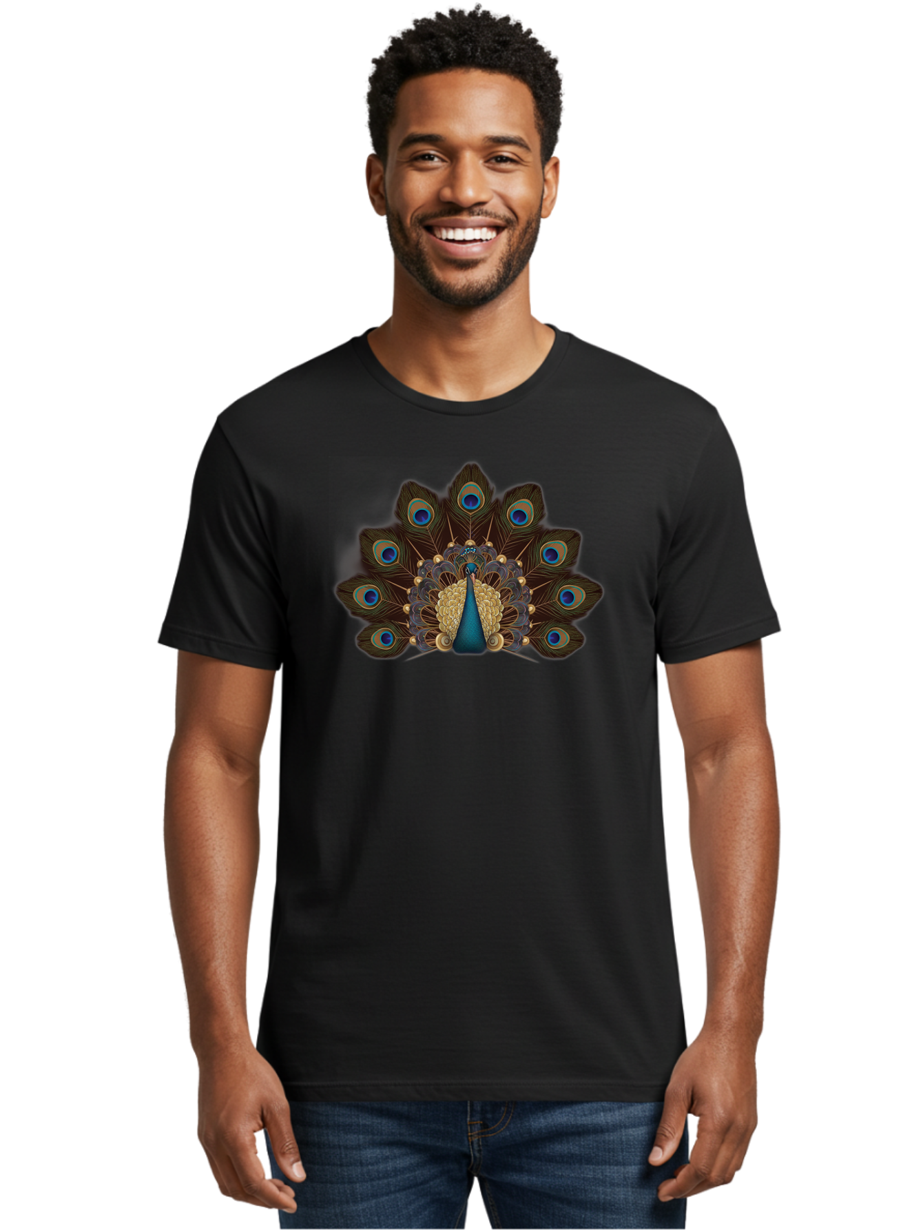 Peacock-Feather-Display Men'S Graphic Tee, 100% Cotton, Comfortable Casual Summer Wear, Machine Washable, Peacock, Bird, Feathers, Blue Eyes, Golden Plumage, Royal Bird, Majestic Creature, Intricate Details, Vibrant Colors, Exotic Beauty Bab118