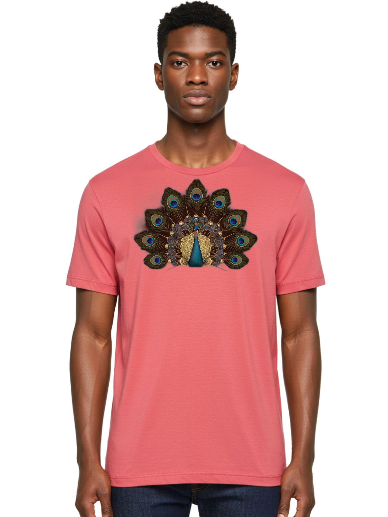 Peacock-Feather-Display Men'S Graphic Tee, 100% Cotton, Comfortable Casual Summer Wear, Machine Washable, Peacock, Bird, Feathers, Blue Eyes, Golden Plumage, Royal Bird, Majestic Creature, Intricate Details, Vibrant Colors, Exotic Beauty Bab118
