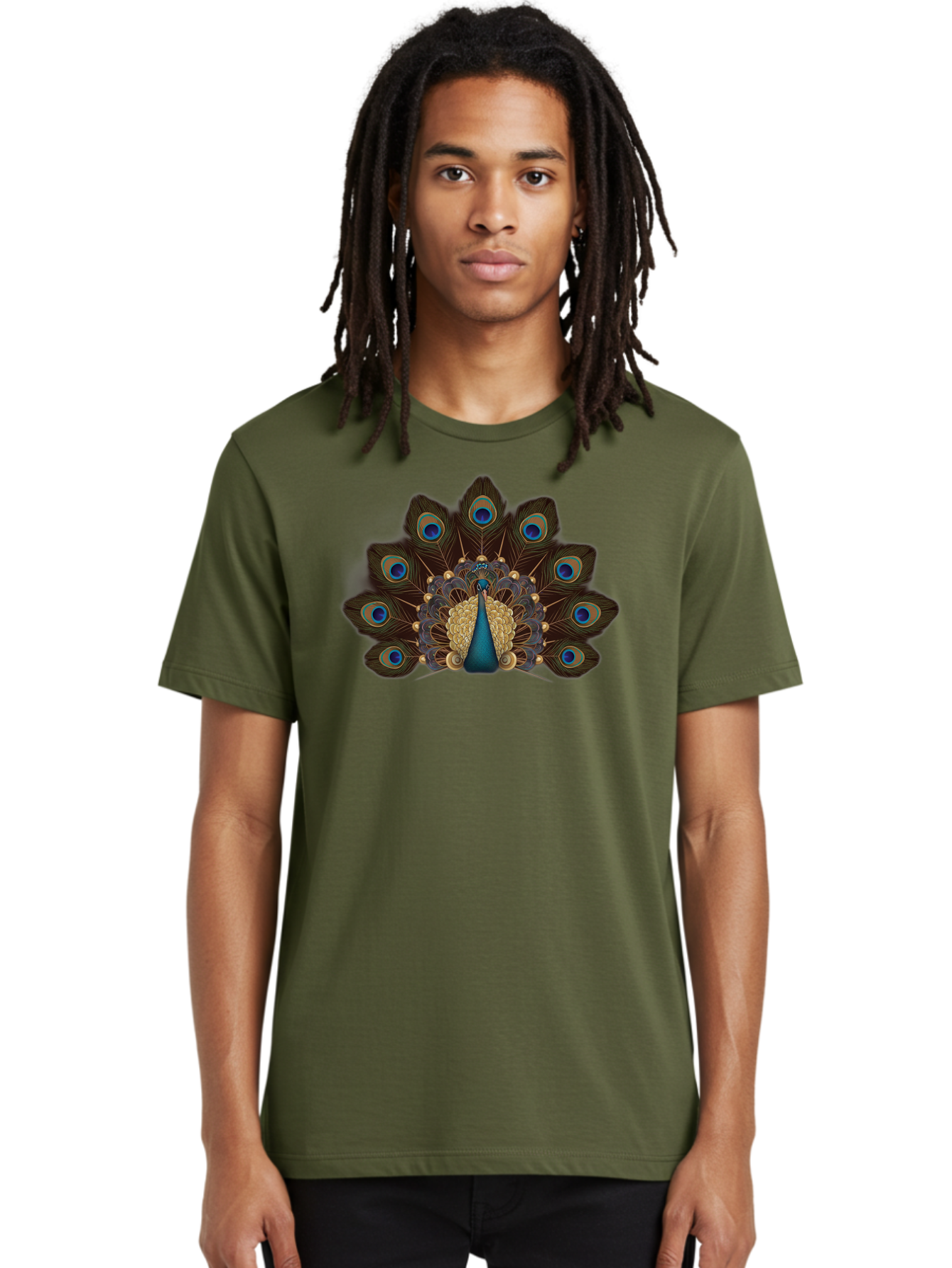 Peacock-Feather-Display Men'S Graphic Tee, 100% Cotton, Comfortable Casual Summer Wear, Machine Washable, Peacock, Bird, Feathers, Blue Eyes, Golden Plumage, Royal Bird, Majestic Creature, Intricate Details, Vibrant Colors, Exotic Beauty Bab118