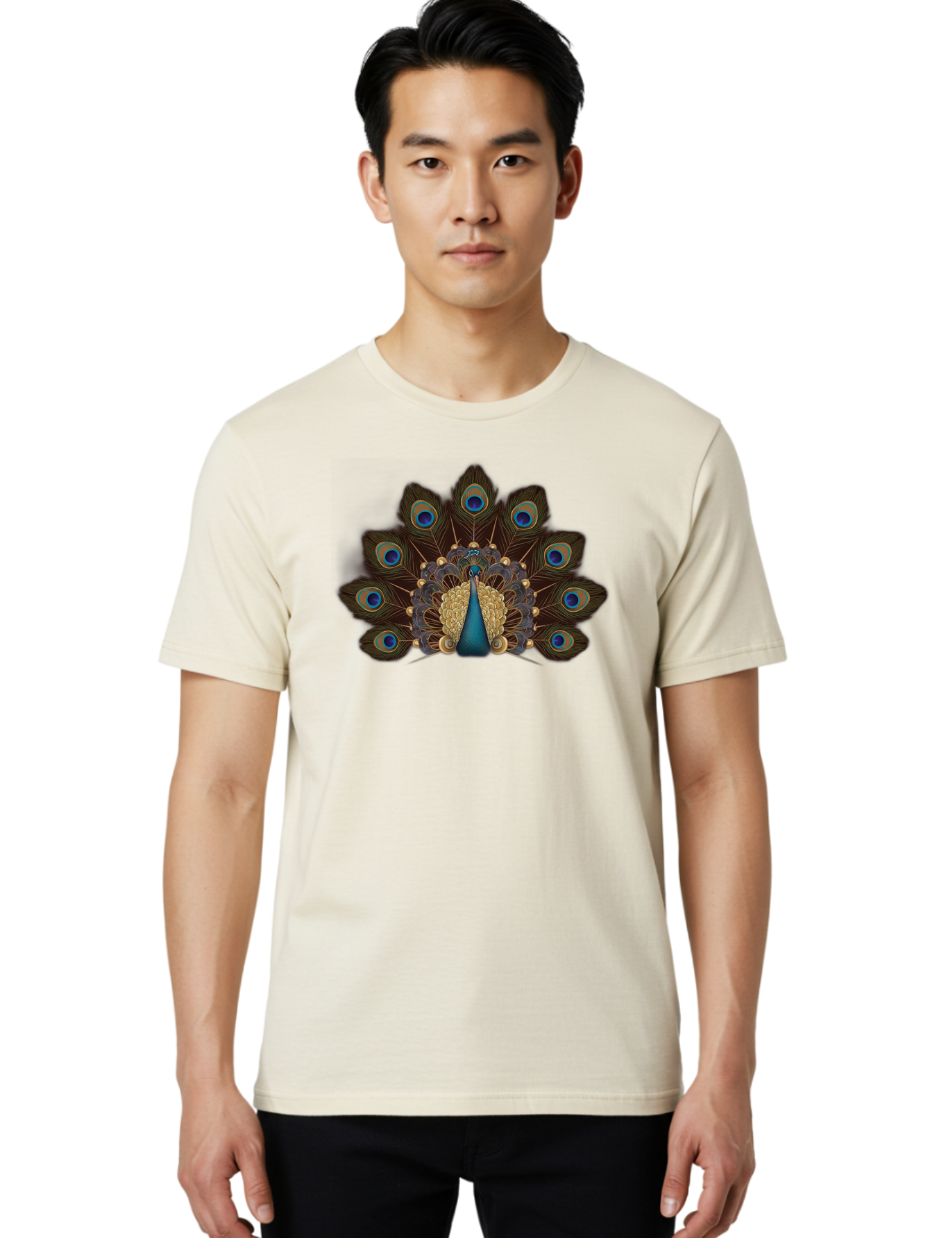 Peacock-Feather-Display Men'S Graphic Tee, 100% Cotton, Comfortable Casual Summer Wear, Machine Washable, Peacock, Bird, Feathers, Blue Eyes, Golden Plumage, Royal Bird, Majestic Creature, Intricate Details, Vibrant Colors, Exotic Beauty Bab118