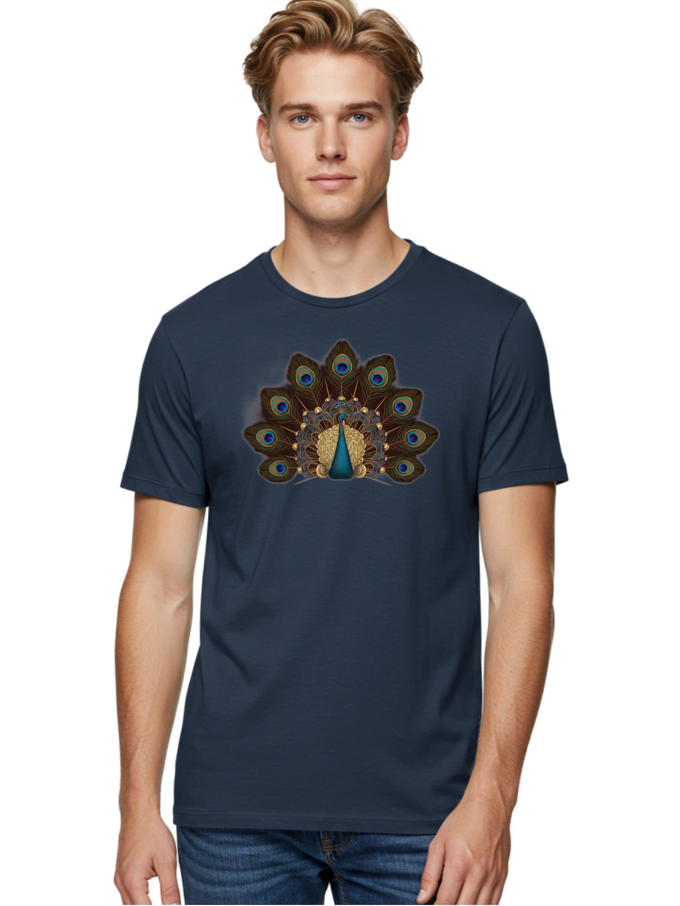 Peacock-Feather-Display Men'S Graphic Tee, 100% Cotton, Comfortable Casual Summer Wear, Machine Washable, Peacock, Bird, Feathers, Blue Eyes, Golden Plumage, Royal Bird, Majestic Creature, Intricate Details, Vibrant Colors, Exotic Beauty Bab118