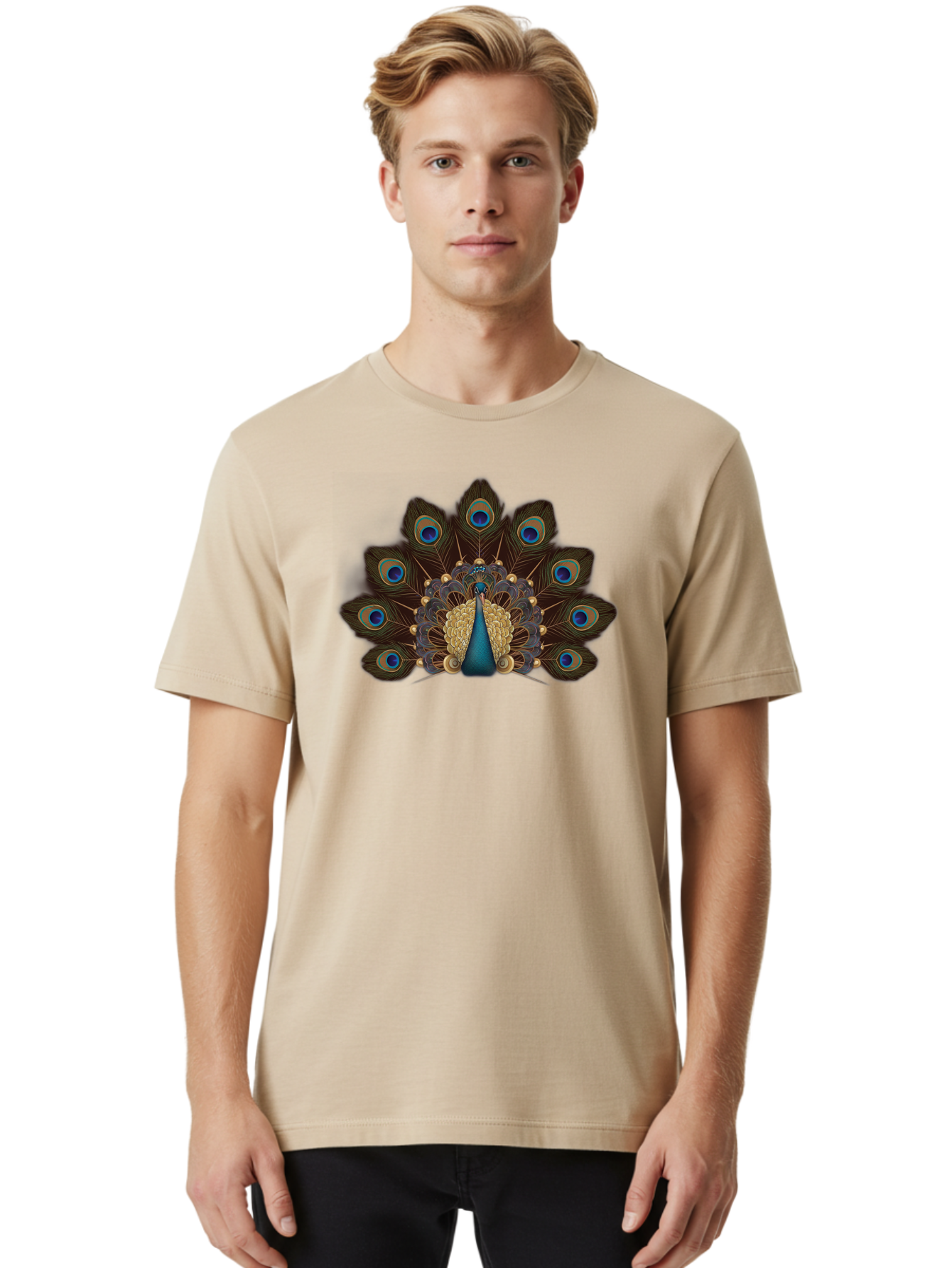 Peacock-Feather-Display Men'S Graphic Tee, 100% Cotton, Comfortable Casual Summer Wear, Machine Washable, Peacock, Bird, Feathers, Blue Eyes, Golden Plumage, Royal Bird, Majestic Creature, Intricate Details, Vibrant Colors, Exotic Beauty Bab118