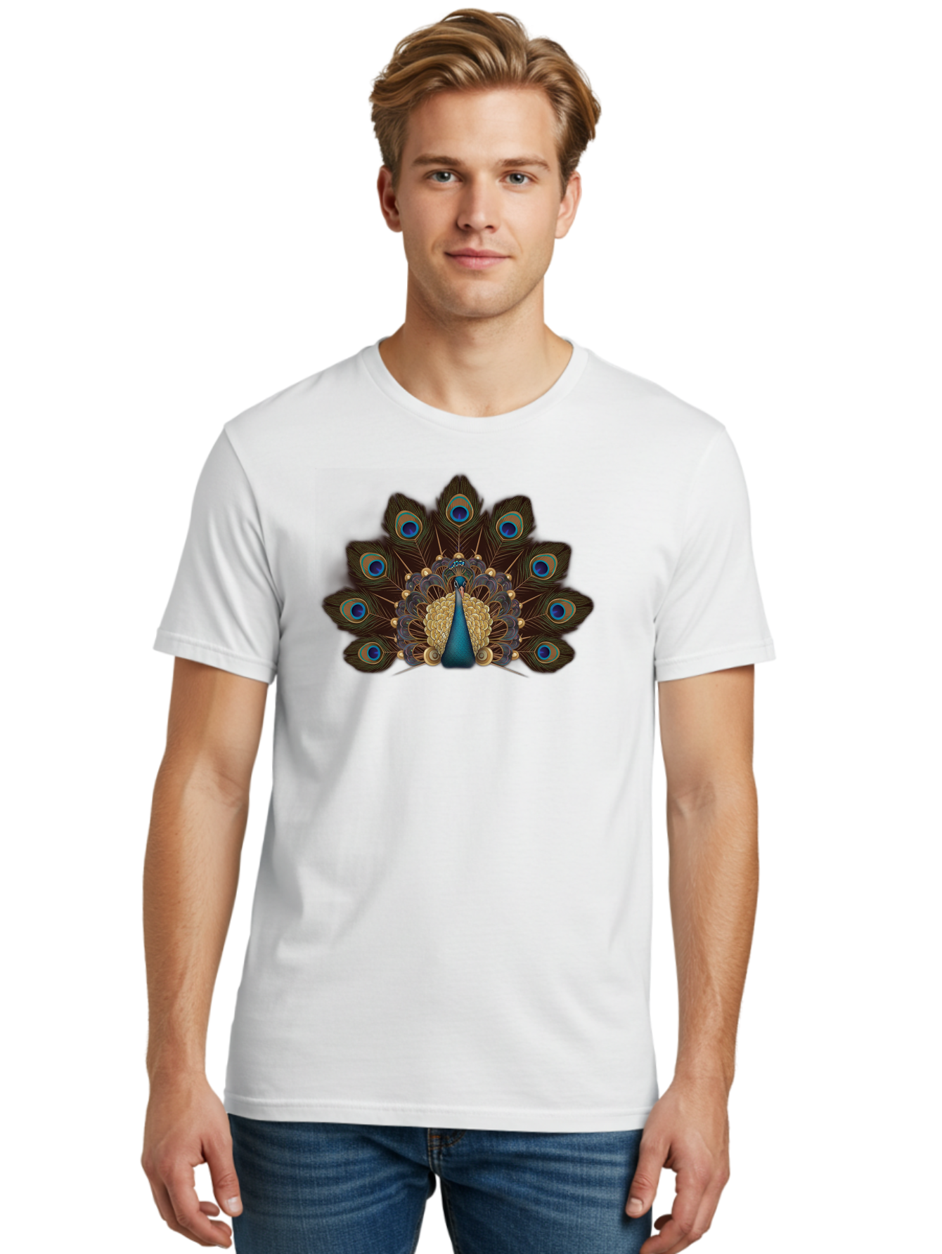 Peacock-Feather-Display Men'S Graphic Tee, 100% Cotton, Comfortable Casual Summer Wear, Machine Washable, Peacock, Bird, Feathers, Blue Eyes, Golden Plumage, Royal Bird, Majestic Creature, Intricate Details, Vibrant Colors, Exotic Beauty Bab118