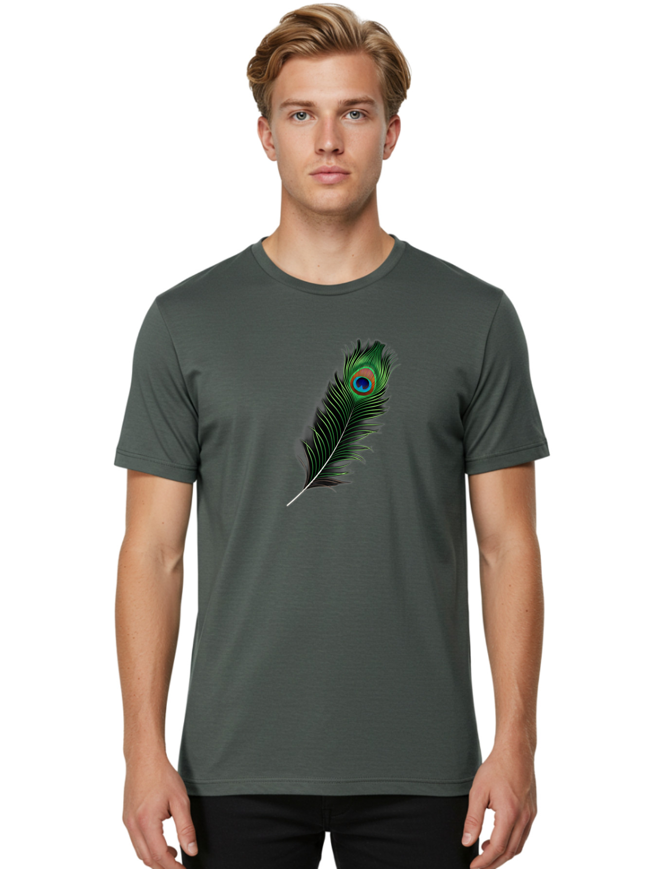 Peacock-Feather Men'S Graphic Tee, 100% Cotton, Comfortable Casual Summer Wear, Machine Washable, Peacock Feather, Bird Feather, Colorful Plumage, Vibrant Colors, Intricate Patterns, Natural Beauty, Symbolic Meaning, Ornamental Decoration, Bab119