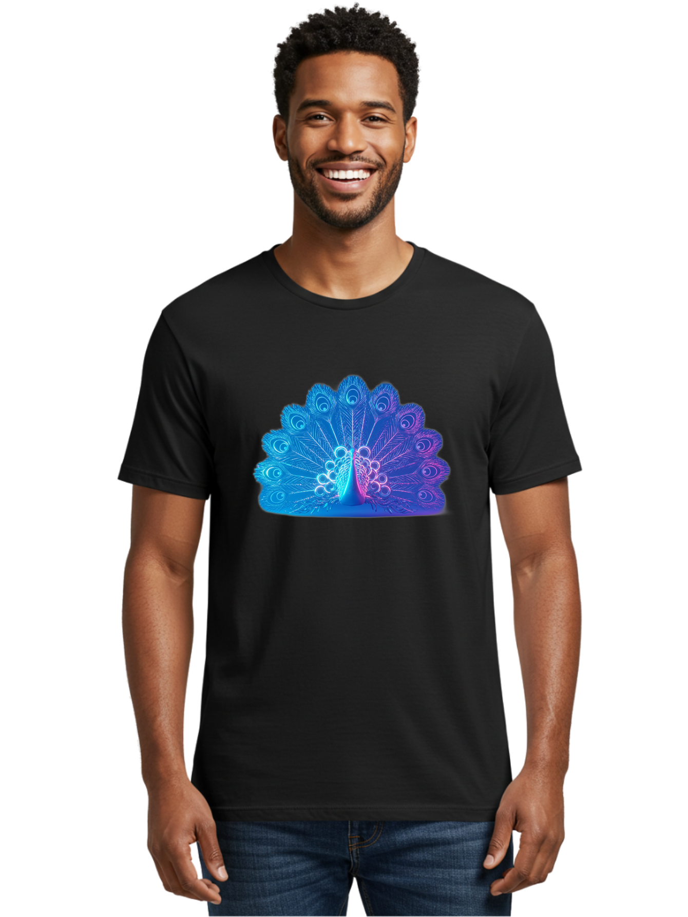 Peacock-Feathers-1 Men'S Graphic Tee, 100% Cotton, Comfortable Casual Summer Wear, Machine Washable, Peacock Feather, Vibrant Colors, Blue And Purple Hues, Intricate Details, Swirling Patterns, Majestic Display, Exotic Bird, Colorful Plumage, Bab120