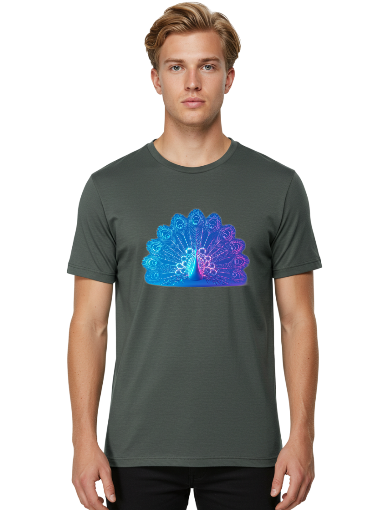 Peacock-Feathers-1 Men'S Graphic Tee, 100% Cotton, Comfortable Casual Summer Wear, Machine Washable, Peacock Feather, Vibrant Colors, Blue And Purple Hues, Intricate Details, Swirling Patterns, Majestic Display, Exotic Bird, Colorful Plumage, Bab120