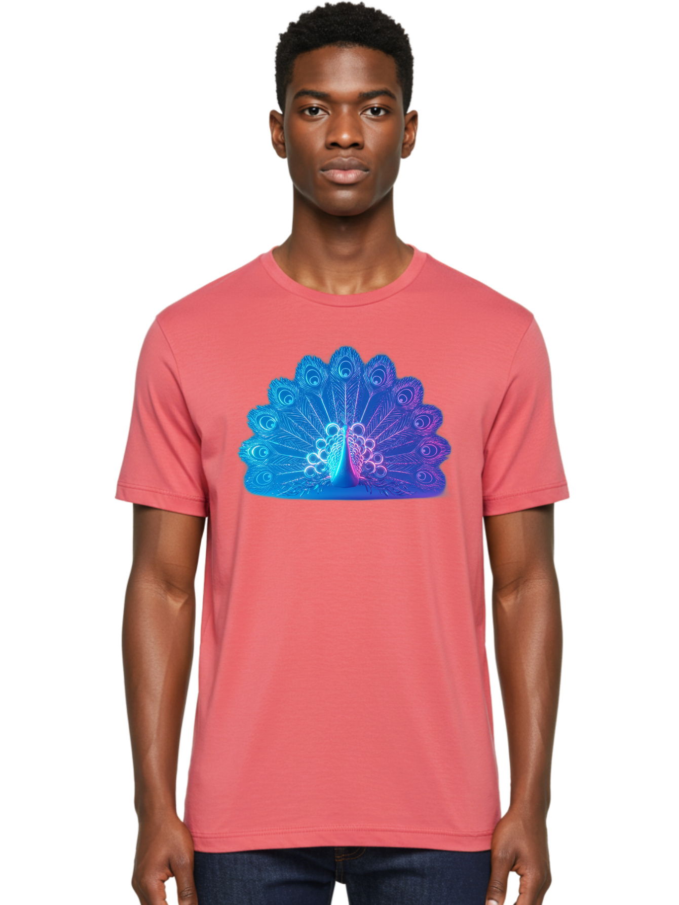 Peacock-Feathers-1 Men'S Graphic Tee, 100% Cotton, Comfortable Casual Summer Wear, Machine Washable, Peacock Feather, Vibrant Colors, Blue And Purple Hues, Intricate Details, Swirling Patterns, Majestic Display, Exotic Bird, Colorful Plumage, Bab120