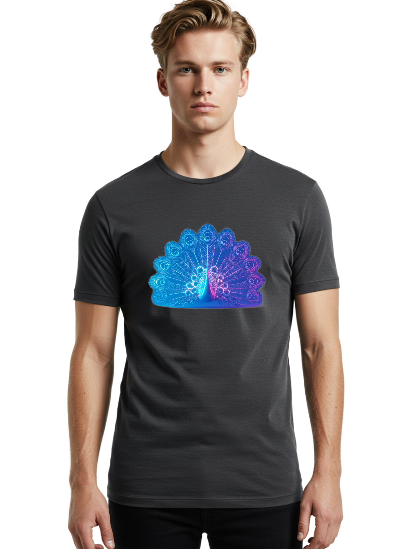 Peacock-Feathers-1 Men'S Graphic Tee, 100% Cotton, Comfortable Casual Summer Wear, Machine Washable, Peacock Feather, Vibrant Colors, Blue And Purple Hues, Intricate Details, Swirling Patterns, Majestic Display, Exotic Bird, Colorful Plumage, Bab120