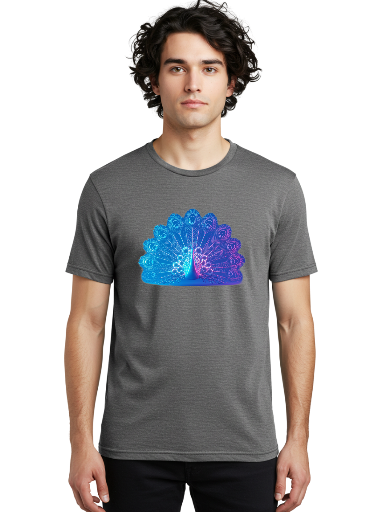 Peacock-Feathers-1 Men'S Graphic Tee, 100% Cotton, Comfortable Casual Summer Wear, Machine Washable, Peacock Feather, Vibrant Colors, Blue And Purple Hues, Intricate Details, Swirling Patterns, Majestic Display, Exotic Bird, Colorful Plumage, Bab120