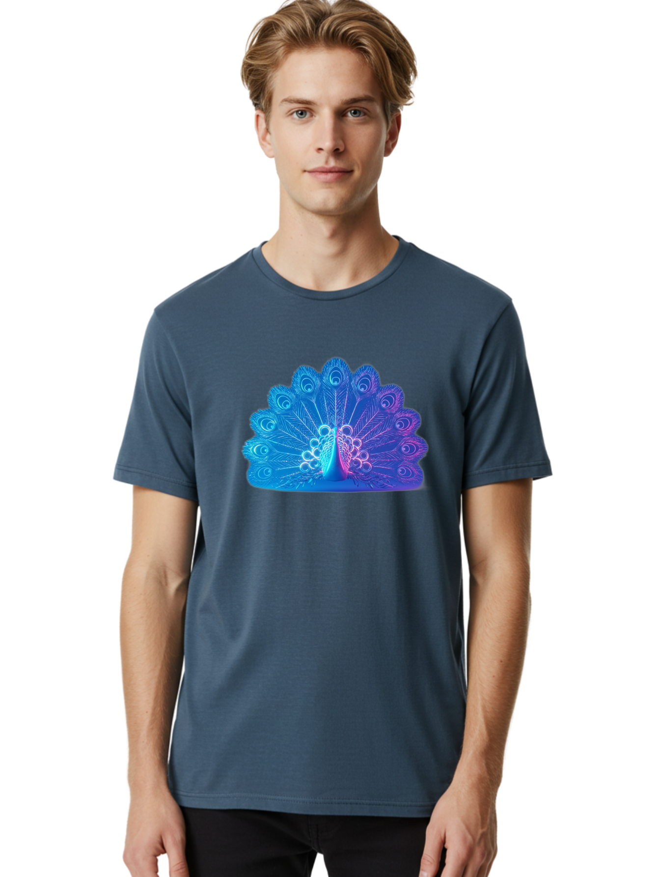 Peacock-Feathers-1 Men'S Graphic Tee, 100% Cotton, Comfortable Casual Summer Wear, Machine Washable, Peacock Feather, Vibrant Colors, Blue And Purple Hues, Intricate Details, Swirling Patterns, Majestic Display, Exotic Bird, Colorful Plumage, Bab120