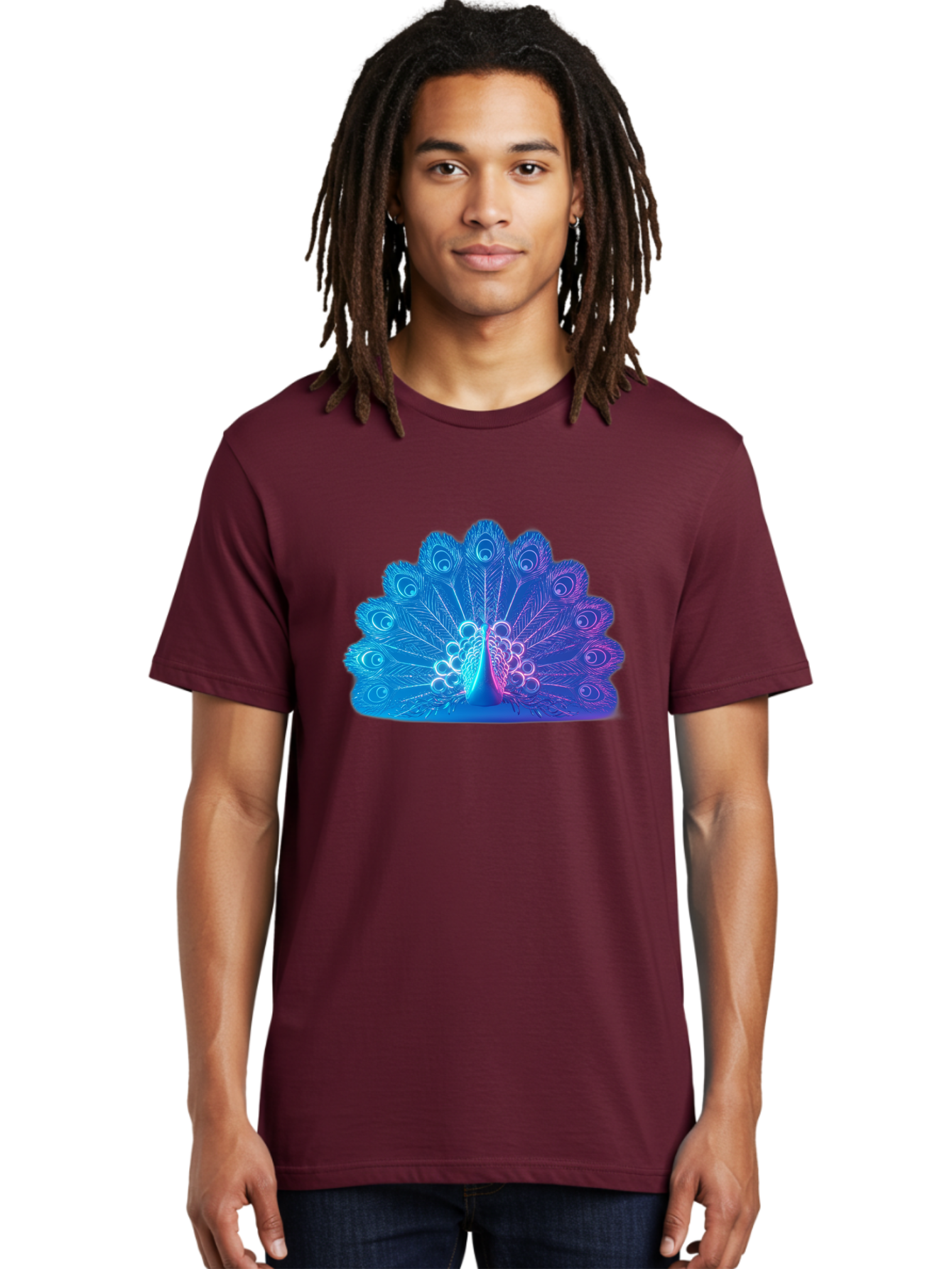 Peacock-Feathers-1 Men'S Graphic Tee, 100% Cotton, Comfortable Casual Summer Wear, Machine Washable, Peacock Feather, Vibrant Colors, Blue And Purple Hues, Intricate Details, Swirling Patterns, Majestic Display, Exotic Bird, Colorful Plumage, Bab120