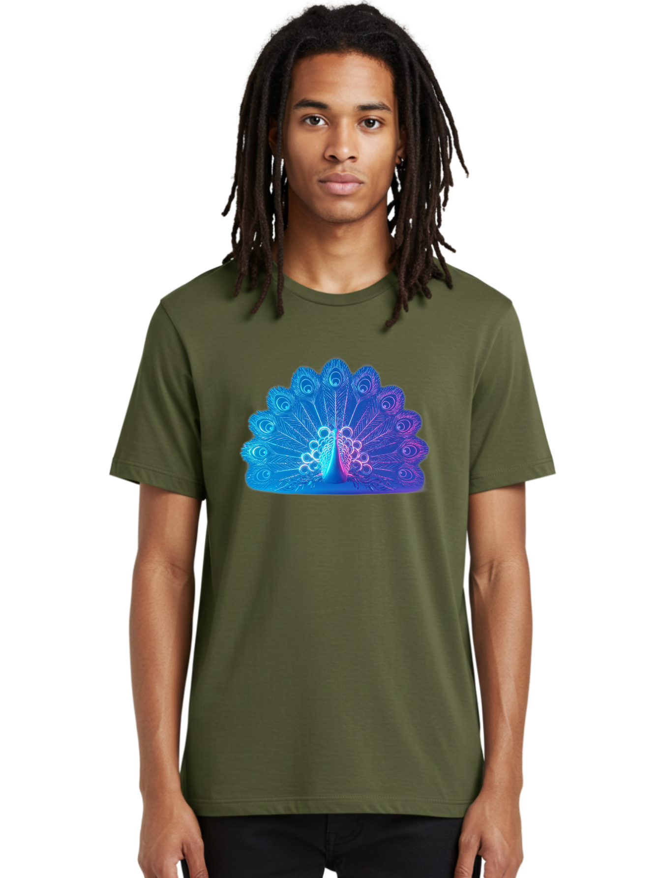 Peacock-Feathers-1 Men'S Graphic Tee, 100% Cotton, Comfortable Casual Summer Wear, Machine Washable, Peacock Feather, Vibrant Colors, Blue And Purple Hues, Intricate Details, Swirling Patterns, Majestic Display, Exotic Bird, Colorful Plumage, Bab120