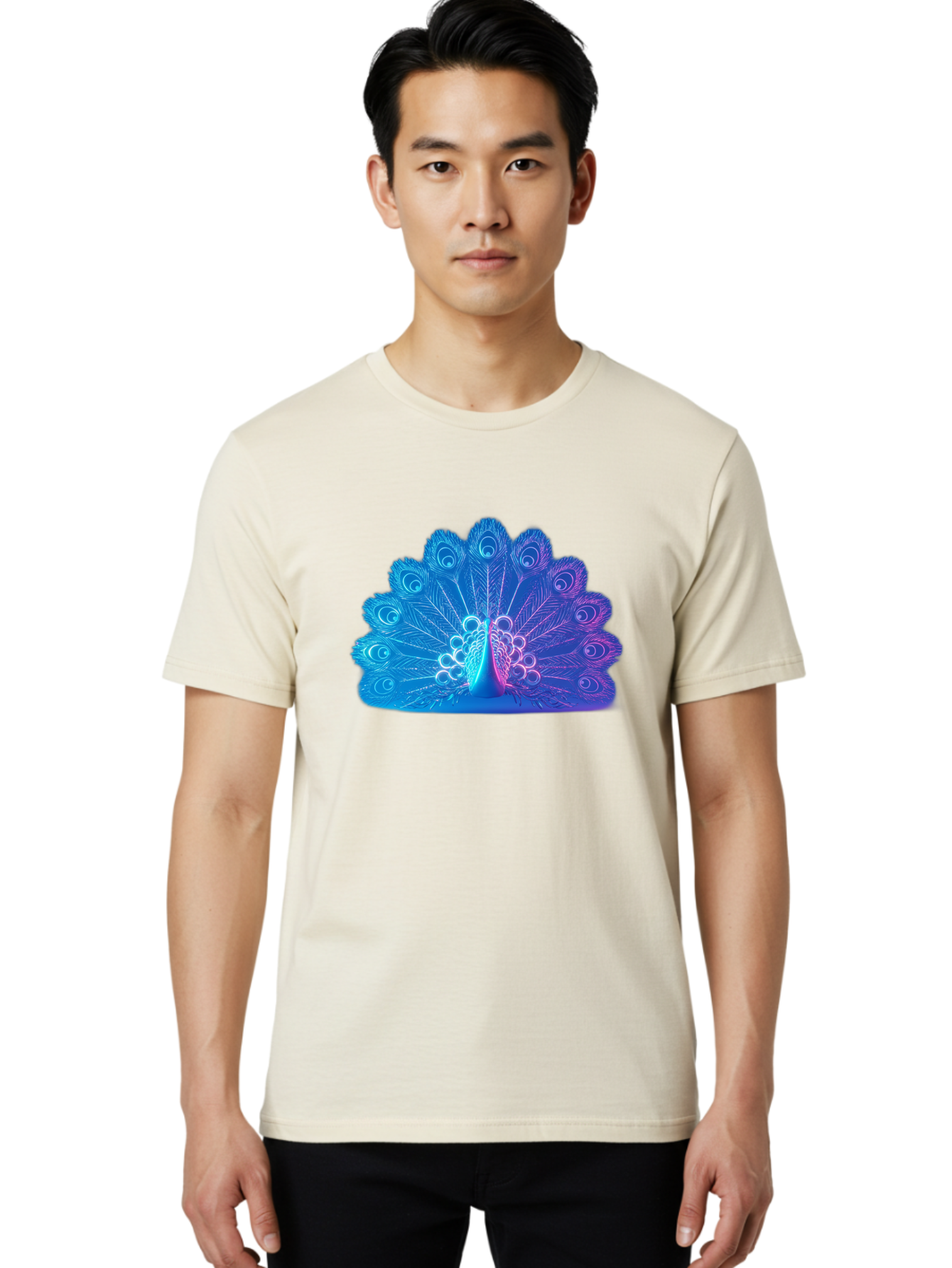 Peacock-Feathers-1 Men'S Graphic Tee, 100% Cotton, Comfortable Casual Summer Wear, Machine Washable, Peacock Feather, Vibrant Colors, Blue And Purple Hues, Intricate Details, Swirling Patterns, Majestic Display, Exotic Bird, Colorful Plumage, Bab120
