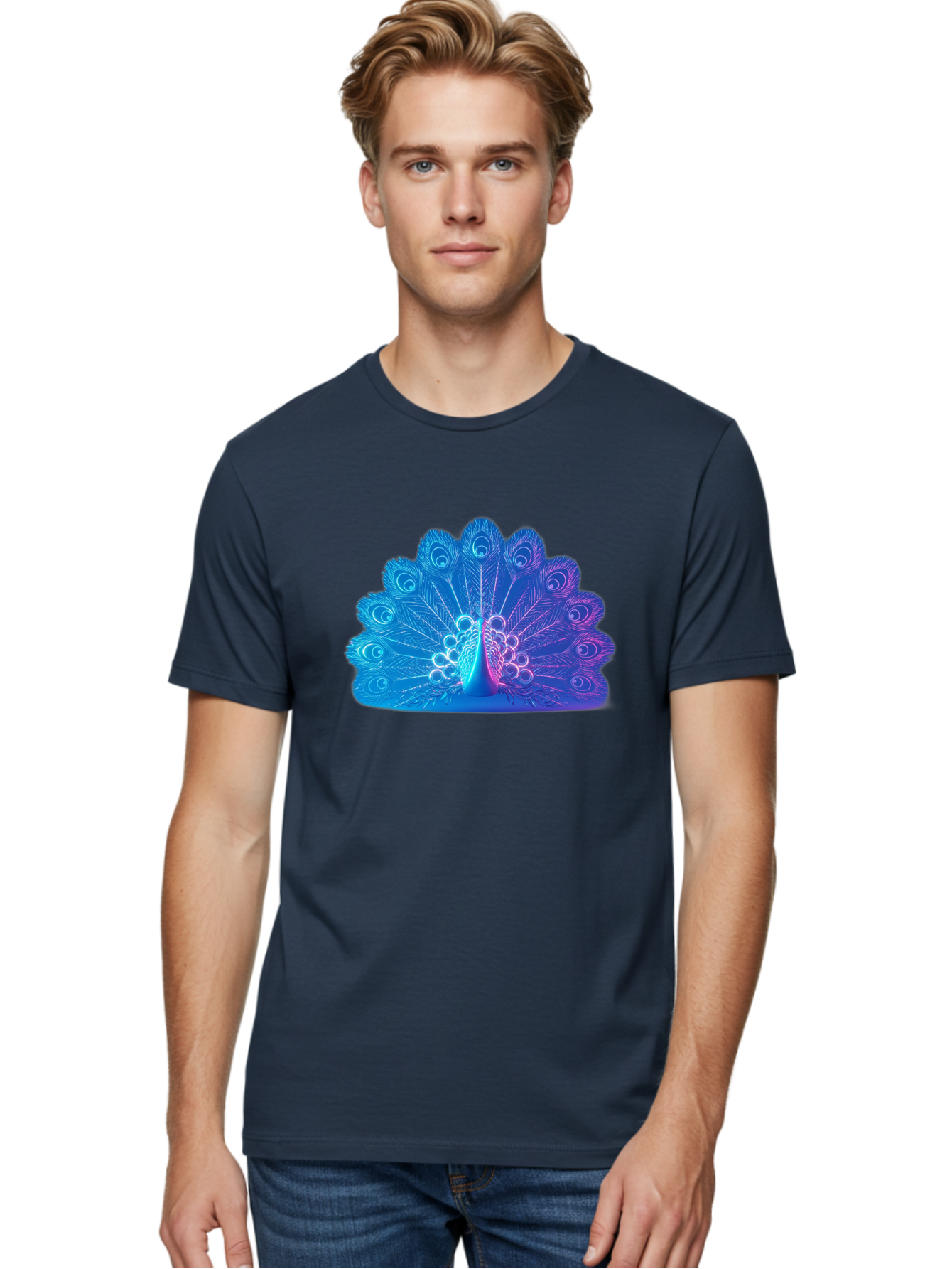 Peacock-Feathers-1 Men'S Graphic Tee, 100% Cotton, Comfortable Casual Summer Wear, Machine Washable, Peacock Feather, Vibrant Colors, Blue And Purple Hues, Intricate Details, Swirling Patterns, Majestic Display, Exotic Bird, Colorful Plumage, Bab120