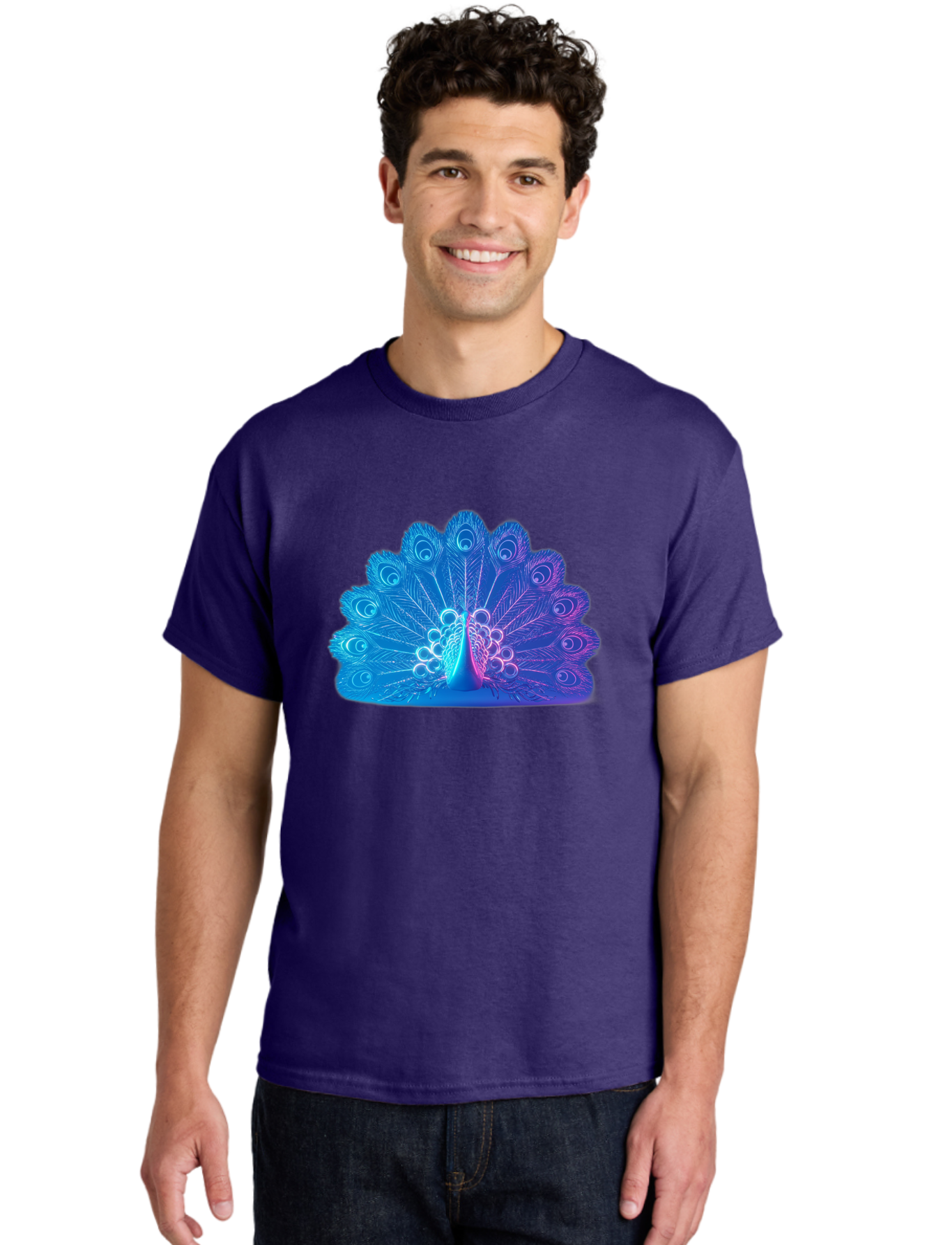 Peacock-Feathers-1 Men'S Graphic Tee, 100% Cotton, Comfortable Casual Summer Wear, Machine Washable, Peacock Feather, Vibrant Colors, Blue And Purple Hues, Intricate Details, Swirling Patterns, Majestic Display, Exotic Bird, Colorful Plumage, Bab120