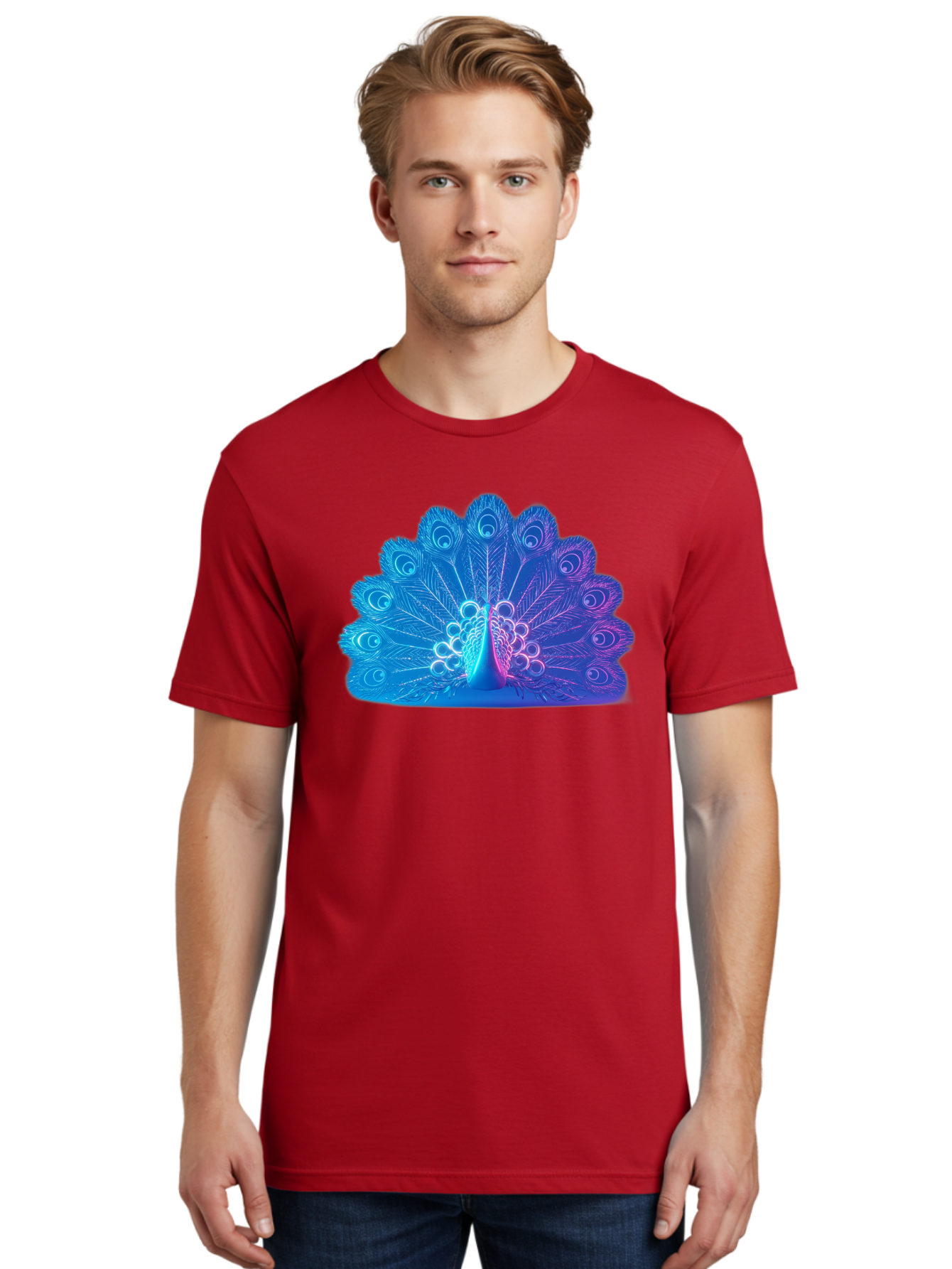 Peacock-Feathers-1 Men'S Graphic Tee, 100% Cotton, Comfortable Casual Summer Wear, Machine Washable, Peacock Feather, Vibrant Colors, Blue And Purple Hues, Intricate Details, Swirling Patterns, Majestic Display, Exotic Bird, Colorful Plumage, Bab120