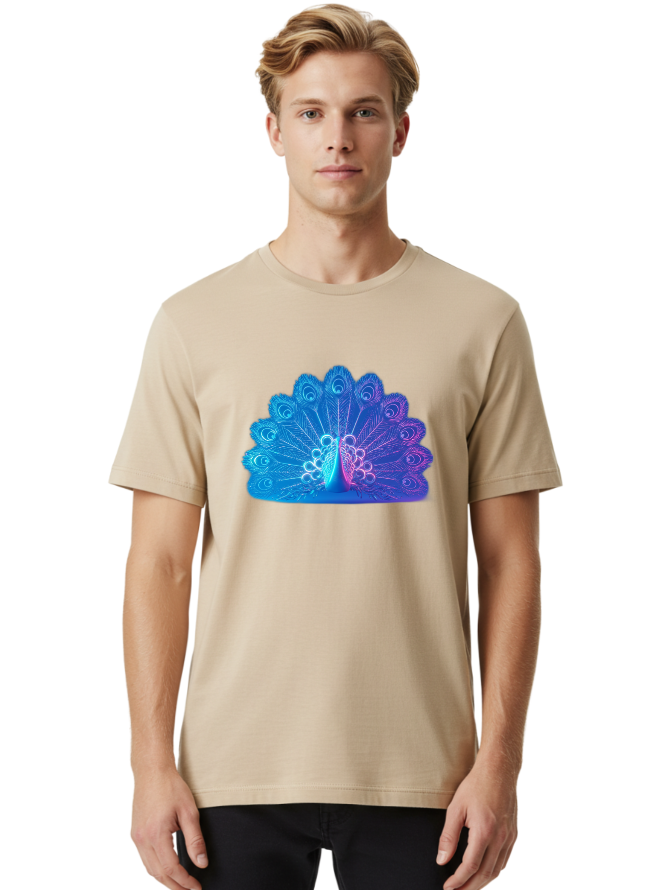Peacock-Feathers-1 Men'S Graphic Tee, 100% Cotton, Comfortable Casual Summer Wear, Machine Washable, Peacock Feather, Vibrant Colors, Blue And Purple Hues, Intricate Details, Swirling Patterns, Majestic Display, Exotic Bird, Colorful Plumage, Bab120