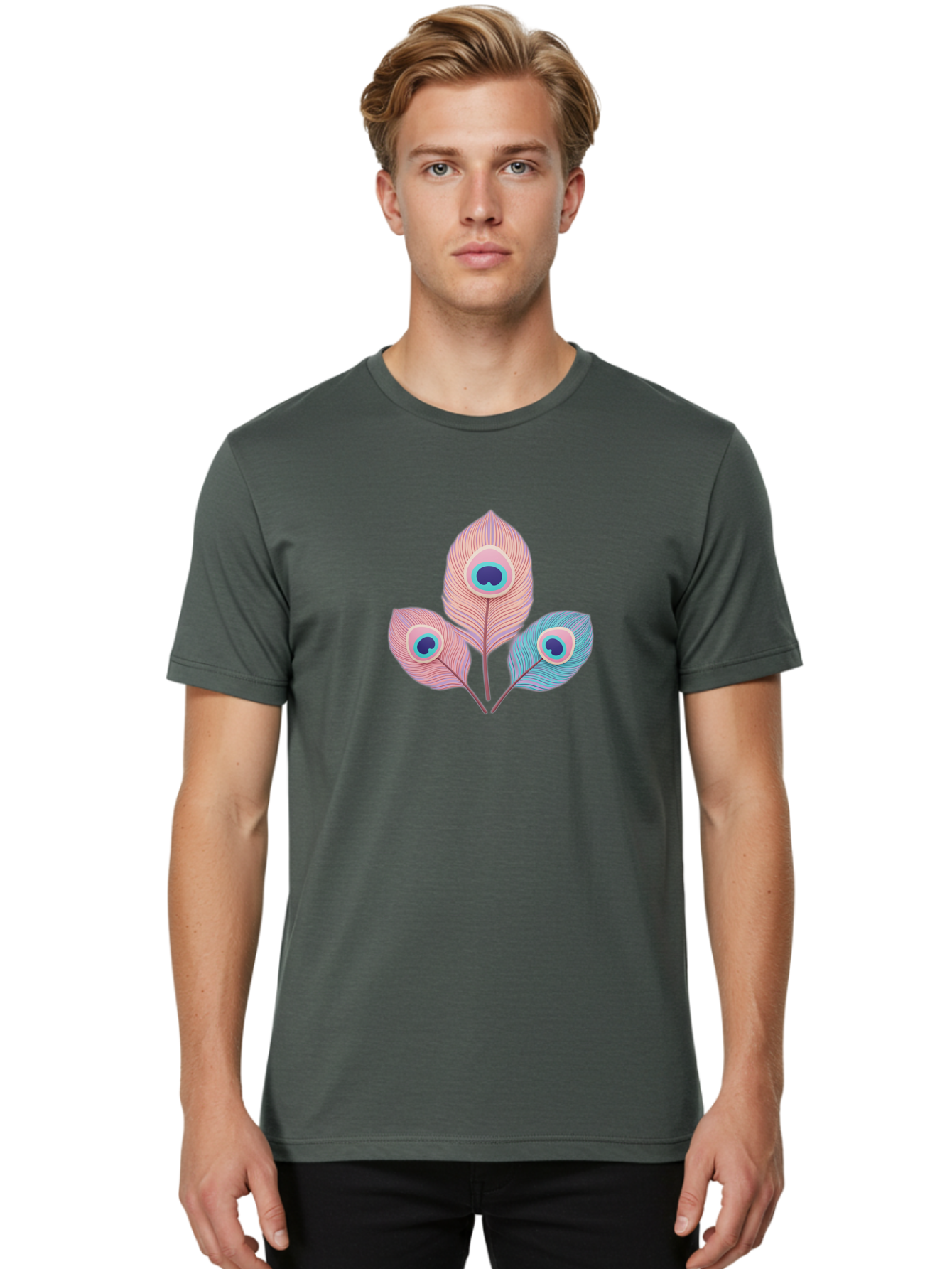 Peacock-Feathers-Graphic Men'S Graphic Tee, 100% Cotton, Comfortable Casual Summer Wear, Machine Washable, Peacock Feathers, Vibrant Colors, Pastel Hues, Eye-Catching Design, Bird Plumage, Decorative Elements, Artistic Patterns, Bab122