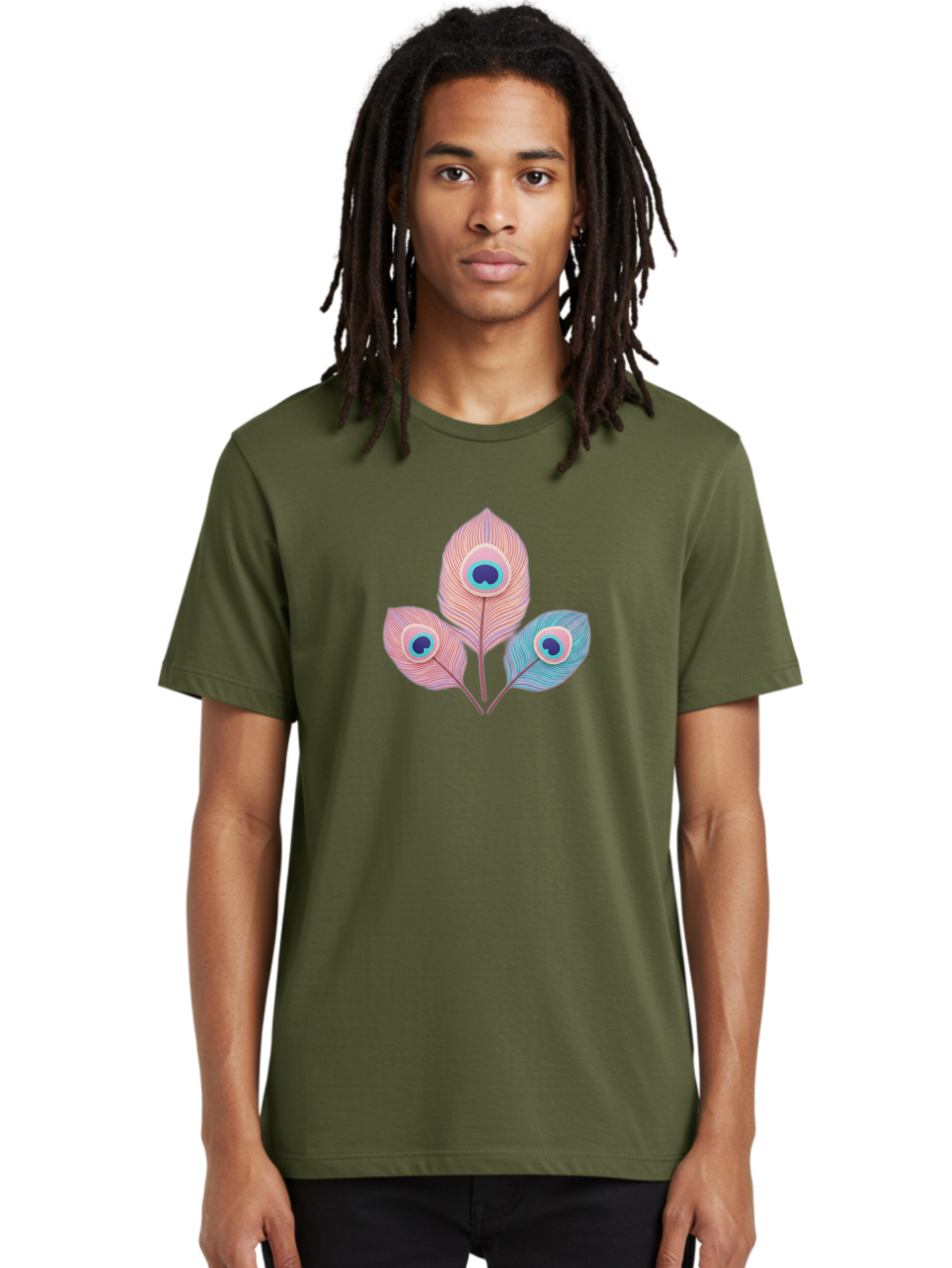 Peacock-Feathers-Graphic Men'S Graphic Tee, 100% Cotton, Comfortable Casual Summer Wear, Machine Washable, Peacock Feathers, Vibrant Colors, Pastel Hues, Eye-Catching Design, Bird Plumage, Decorative Elements, Artistic Patterns, Bab122
