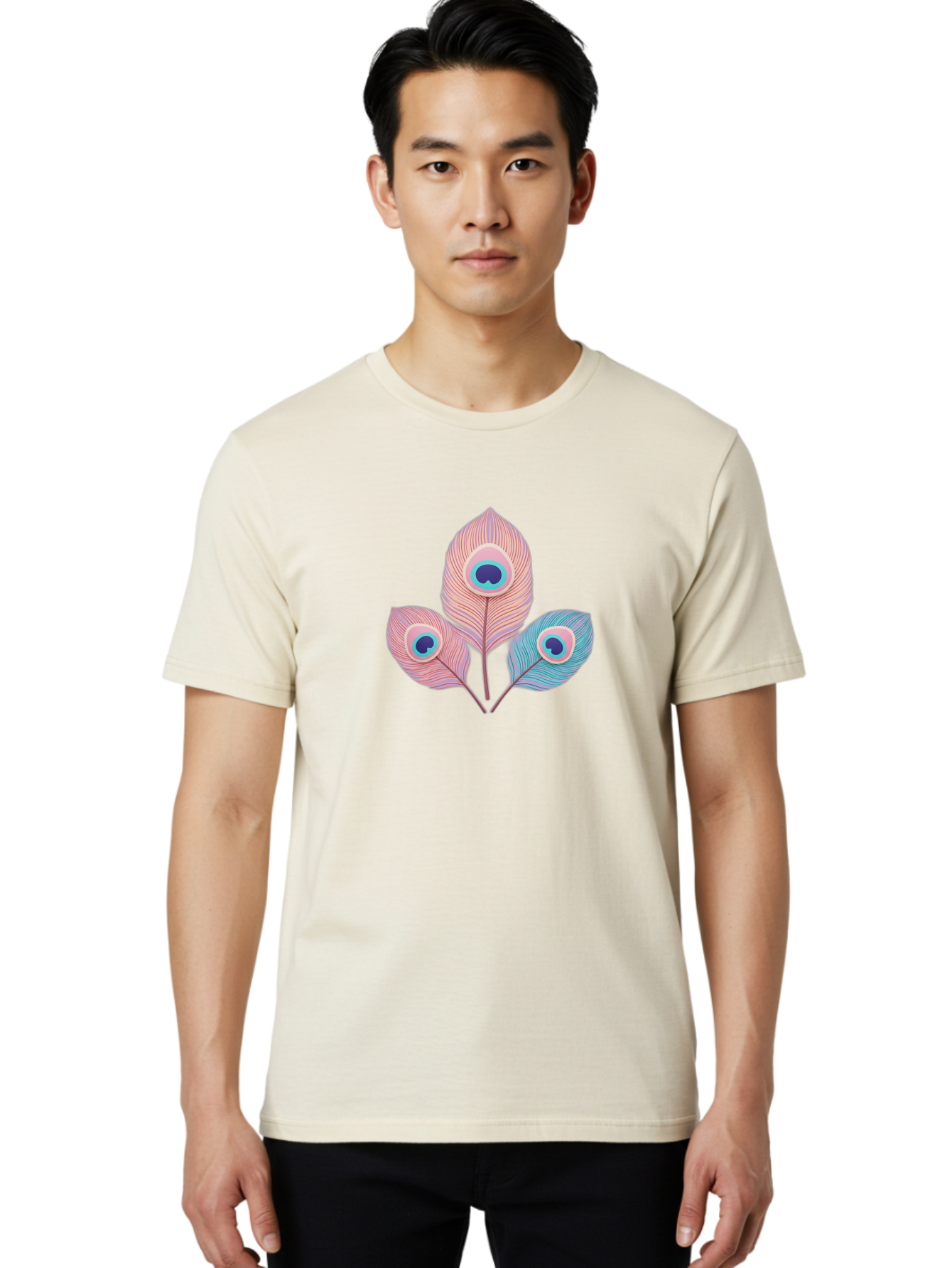 Peacock-Feathers-Graphic Men'S Graphic Tee, 100% Cotton, Comfortable Casual Summer Wear, Machine Washable, Peacock Feathers, Vibrant Colors, Pastel Hues, Eye-Catching Design, Bird Plumage, Decorative Elements, Artistic Patterns, Bab122
