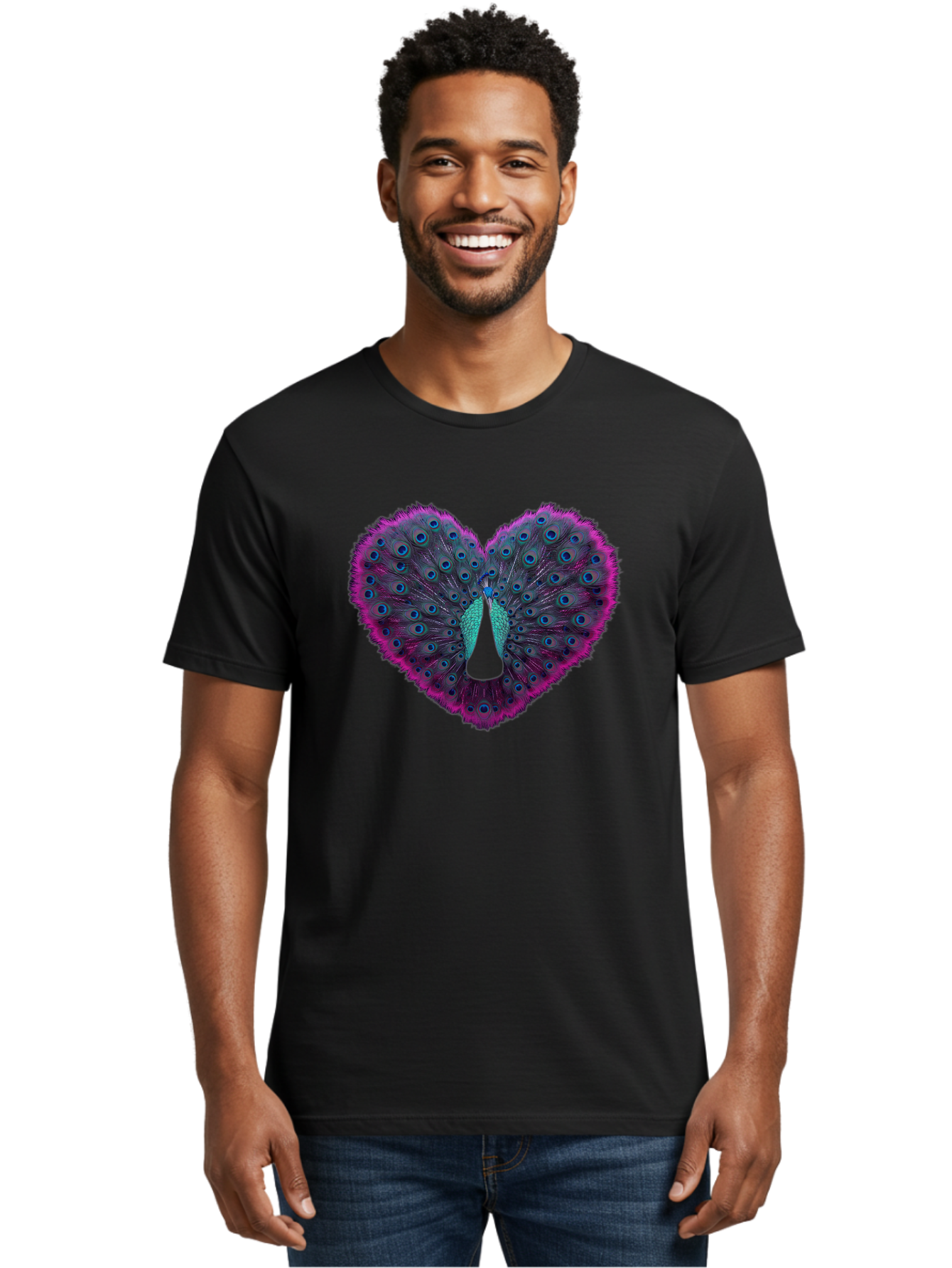 Peacock-Feathers-Heart Men'S Graphic Tee, 100% Cotton, Comfortable Casual Summer Wear, Machine Washable, Peacock Feathers, Heart Shape, Vibrant Colors, Blue Eyespots, Purple And Pink Hues, Symbolic Love, Plumage Display, Artistic Design, Bab123