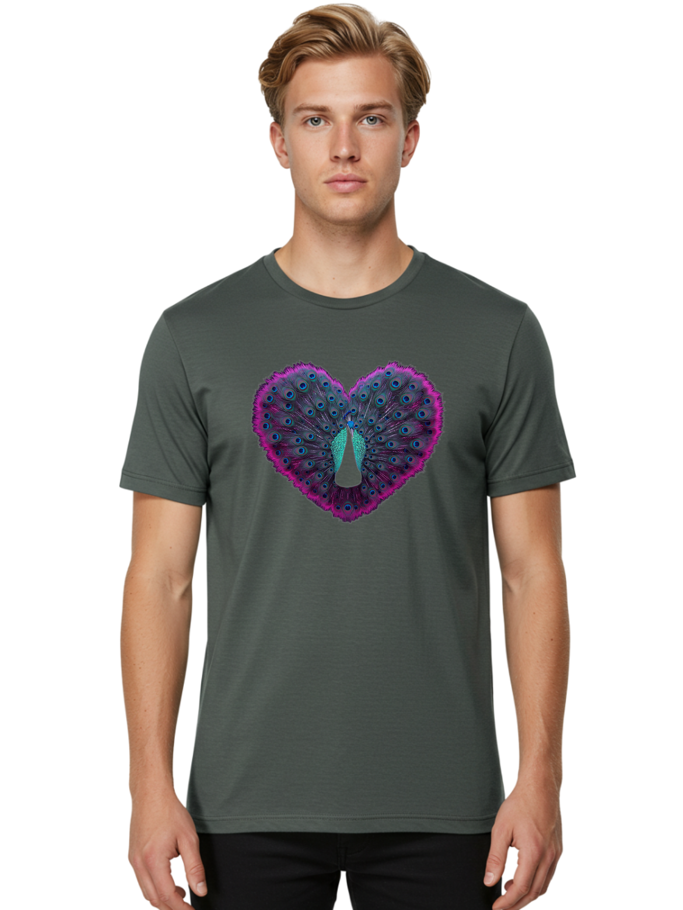 Peacock-Feathers-Heart Men'S Graphic Tee, 100% Cotton, Comfortable Casual Summer Wear, Machine Washable, Peacock Feathers, Heart Shape, Vibrant Colors, Blue Eyespots, Purple And Pink Hues, Symbolic Love, Plumage Display, Artistic Design, Bab123
