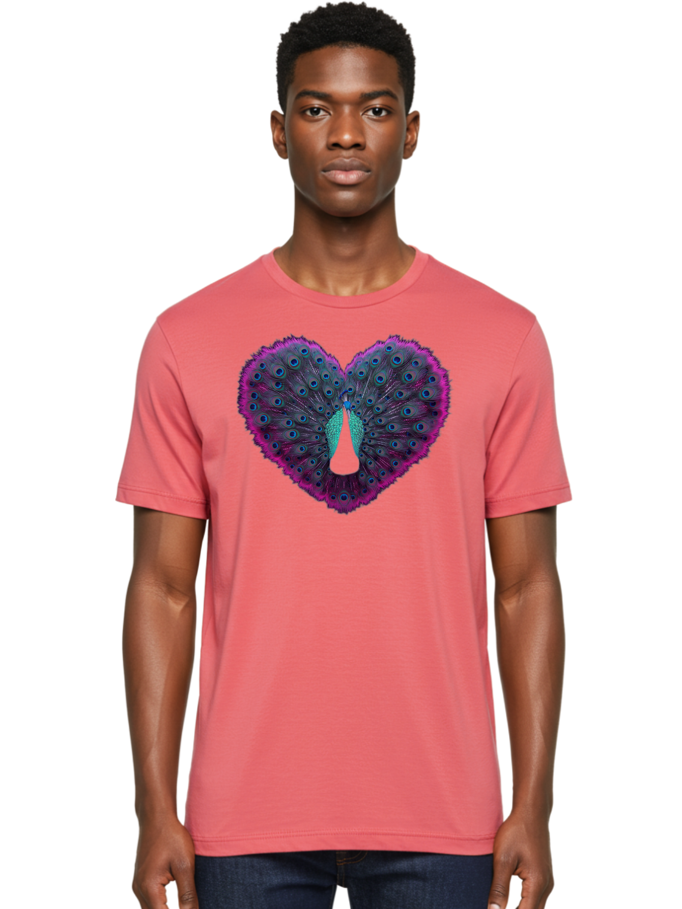 Peacock-Feathers-Heart Men'S Graphic Tee, 100% Cotton, Comfortable Casual Summer Wear, Machine Washable, Peacock Feathers, Heart Shape, Vibrant Colors, Blue Eyespots, Purple And Pink Hues, Symbolic Love, Plumage Display, Artistic Design, Bab123