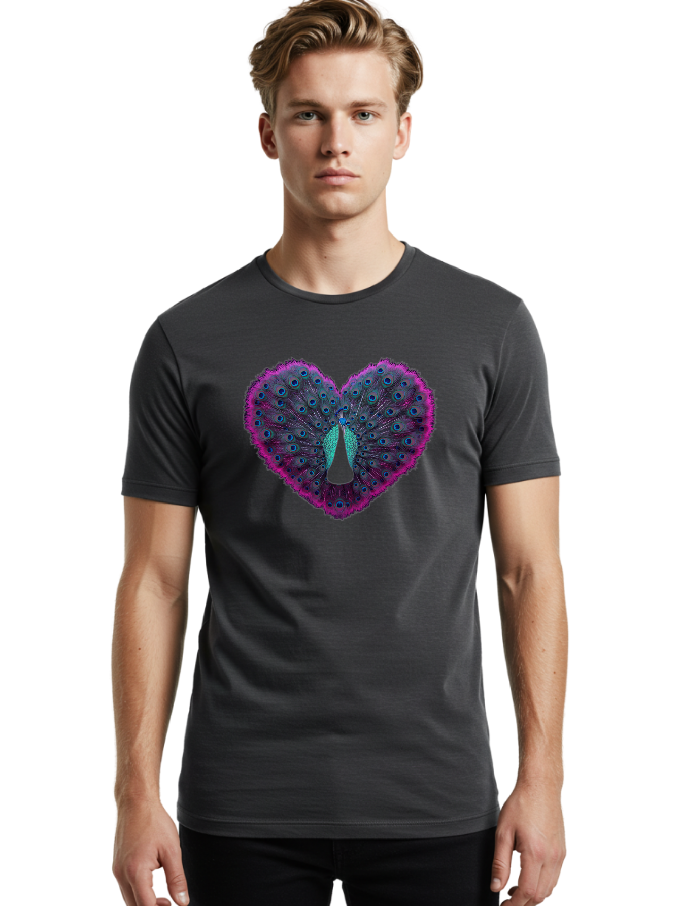 Peacock-Feathers-Heart Men'S Graphic Tee, 100% Cotton, Comfortable Casual Summer Wear, Machine Washable, Peacock Feathers, Heart Shape, Vibrant Colors, Blue Eyespots, Purple And Pink Hues, Symbolic Love, Plumage Display, Artistic Design, Bab123