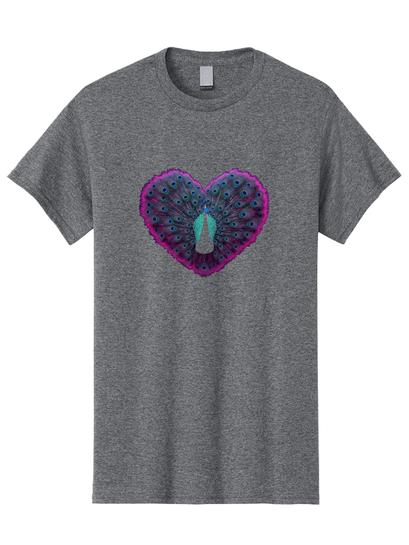 Peacock-Feathers-Heart Men'S Graphic Tee, 100% Cotton, Comfortable Casual Summer Wear, Machine Washable, Peacock Feathers, Heart Shape, Vibrant Colors, Blue Eyespots, Purple And Pink Hues, Symbolic Love, Plumage Display, Artistic Design, Bab123
