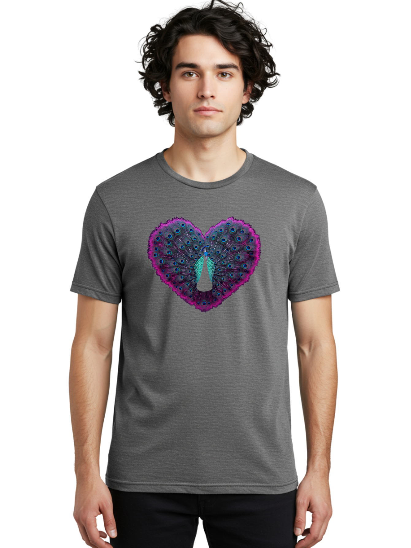 Peacock-Feathers-Heart Men'S Graphic Tee, 100% Cotton, Comfortable Casual Summer Wear, Machine Washable, Peacock Feathers, Heart Shape, Vibrant Colors, Blue Eyespots, Purple And Pink Hues, Symbolic Love, Plumage Display, Artistic Design, Bab123