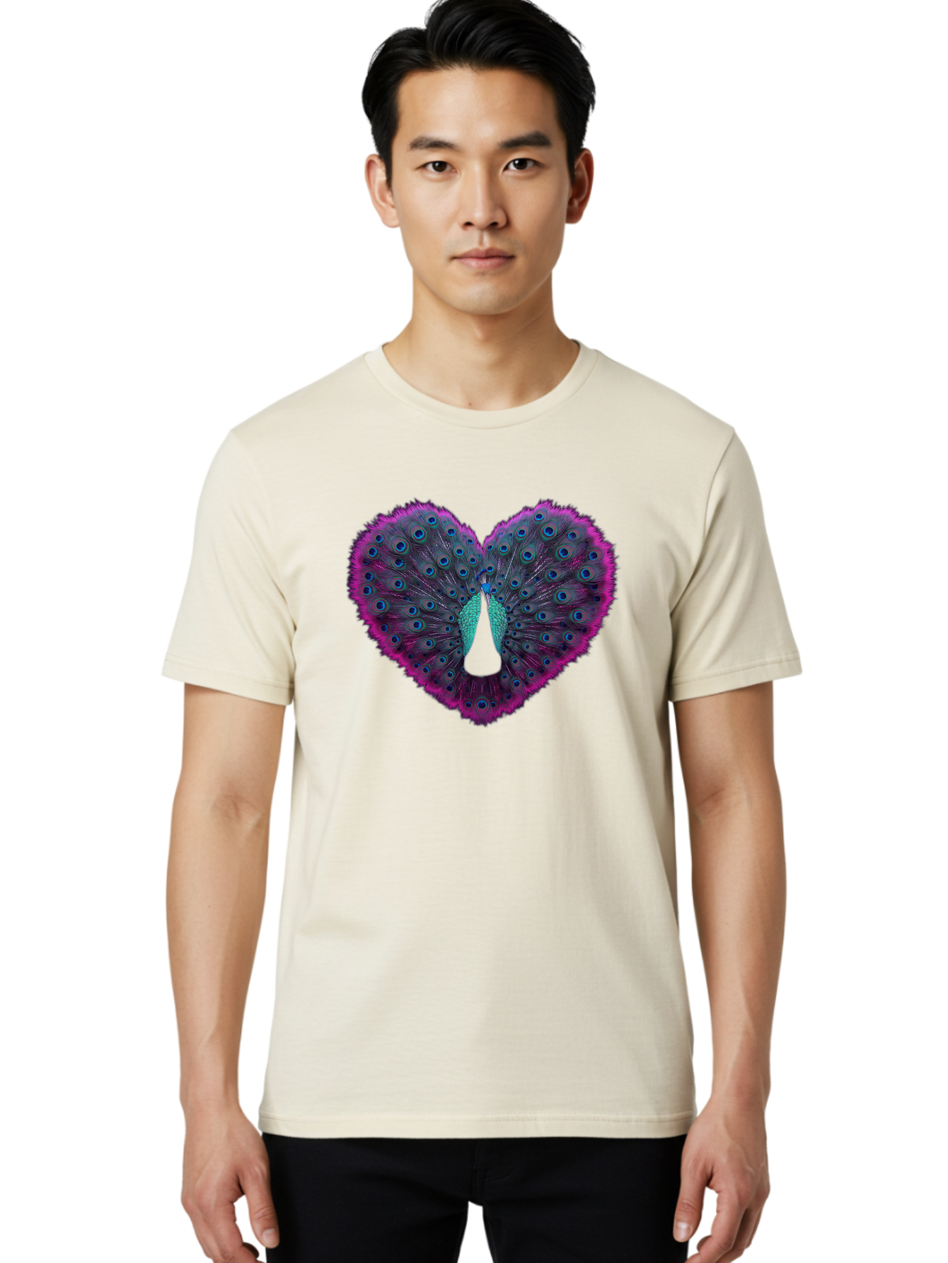 Peacock-Feathers-Heart Men'S Graphic Tee, 100% Cotton, Comfortable Casual Summer Wear, Machine Washable, Peacock Feathers, Heart Shape, Vibrant Colors, Blue Eyespots, Purple And Pink Hues, Symbolic Love, Plumage Display, Artistic Design, Bab123