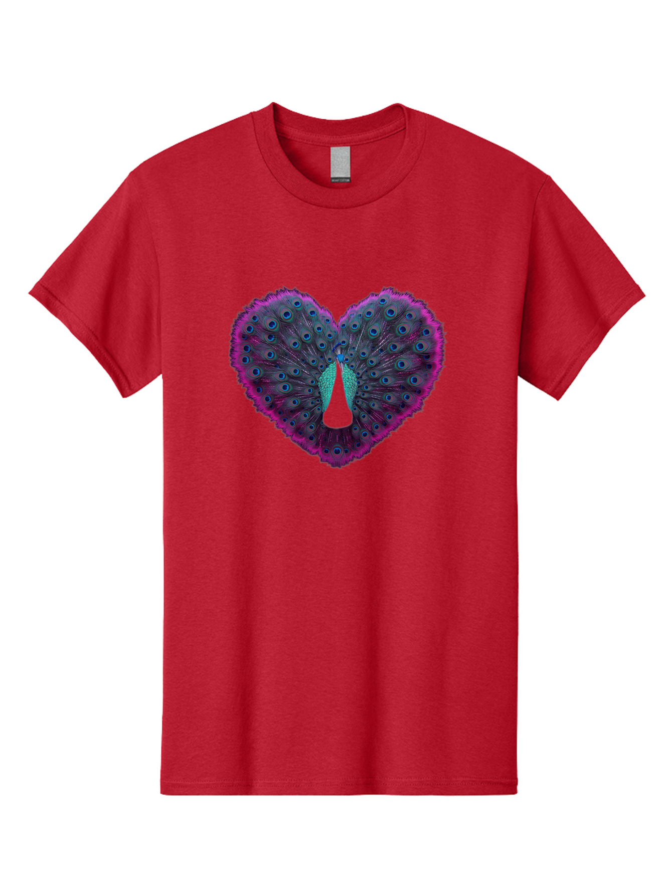 Peacock-Feathers-Heart Men'S Graphic Tee, 100% Cotton, Comfortable Casual Summer Wear, Machine Washable, Peacock Feathers, Heart Shape, Vibrant Colors, Blue Eyespots, Purple And Pink Hues, Symbolic Love, Plumage Display, Artistic Design, Bab123