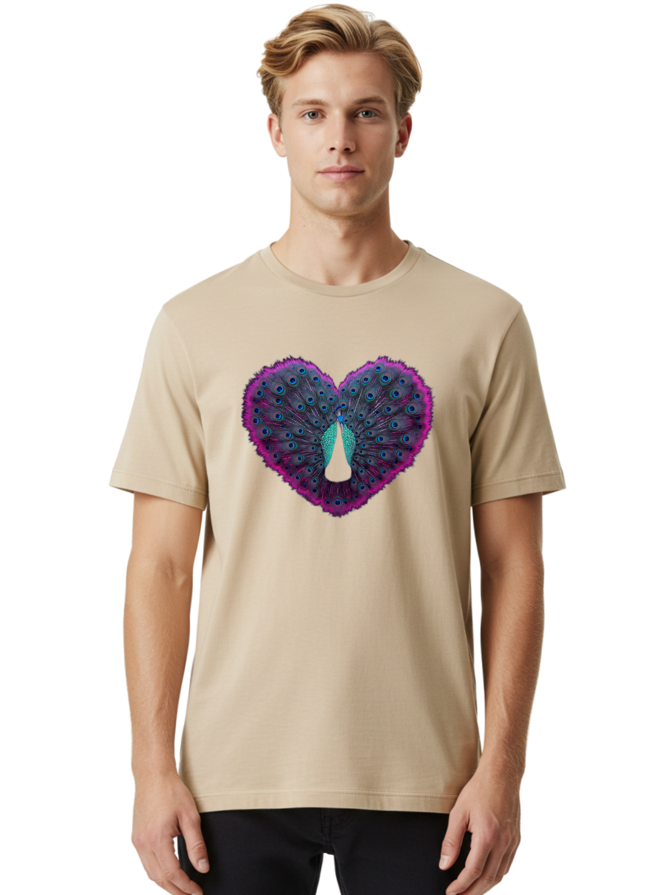Peacock-Feathers-Heart Men'S Graphic Tee, 100% Cotton, Comfortable Casual Summer Wear, Machine Washable, Peacock Feathers, Heart Shape, Vibrant Colors, Blue Eyespots, Purple And Pink Hues, Symbolic Love, Plumage Display, Artistic Design, Bab123