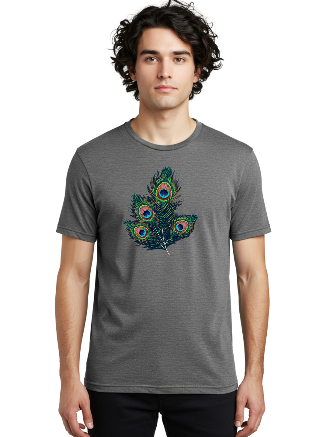 Peacock-Feathers Men'S Graphic Tee, 100% Cotton, Comfortable Casual Summer Wear, Machine Washable, Peacock Feather, Colorful Plumage, Vibrant Colors, Eyespot, Blue And Orange, Exotic Bird, Natural Beauty, Wildlife Bab124
