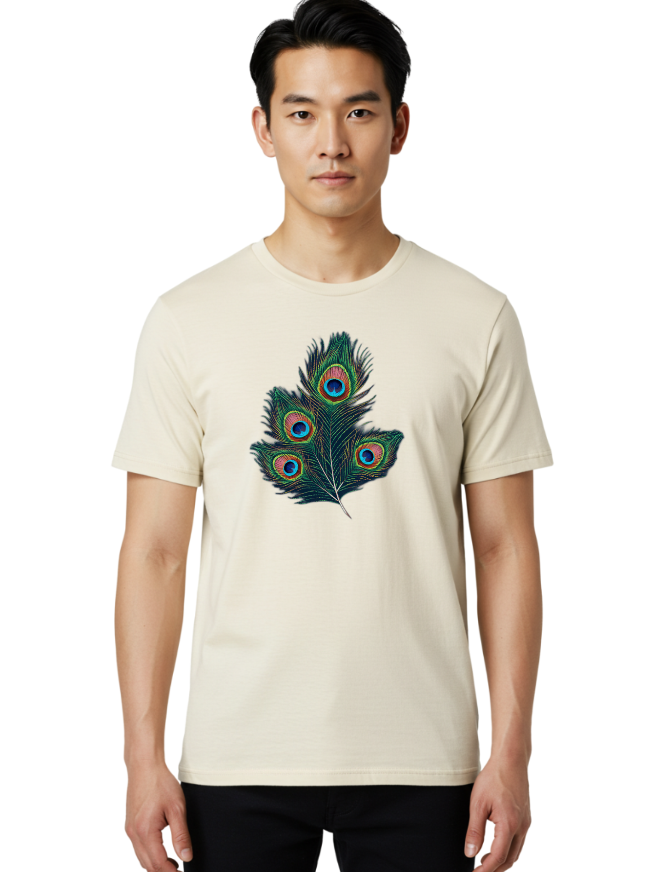 Peacock-Feathers Men'S Graphic Tee, 100% Cotton, Comfortable Casual Summer Wear, Machine Washable, Peacock Feather, Colorful Plumage, Vibrant Colors, Eyespot, Blue And Orange, Exotic Bird, Natural Beauty, Wildlife Bab124