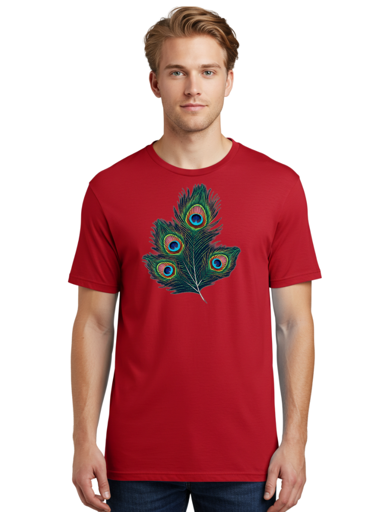 Peacock-Feathers Men'S Graphic Tee, 100% Cotton, Comfortable Casual Summer Wear, Machine Washable, Peacock Feather, Colorful Plumage, Vibrant Colors, Eyespot, Blue And Orange, Exotic Bird, Natural Beauty, Wildlife Bab124