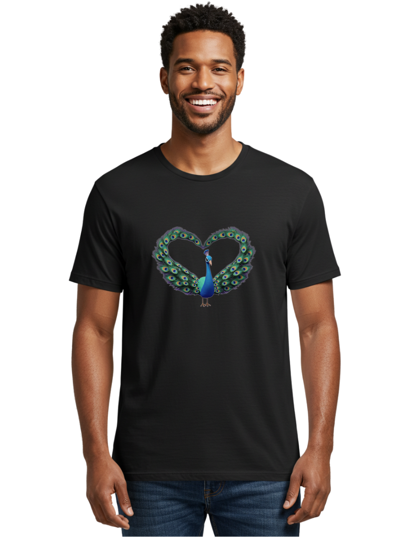 Peacock-Heart-1 Men'S Graphic Tee, 100% Cotton, Comfortable Casual Summer Wear, Machine Washable, Peacock Forming Heart Shape, Vibrant Blue And Green Colors, Symbolic Love Representation, Bird With Spread Feathers, Peacock'S Majestic Plumage, Bab125